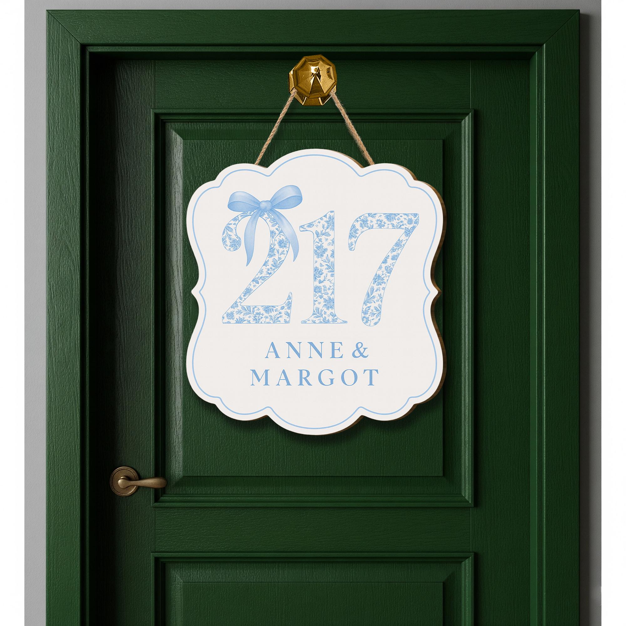 Custom Chinoiserie Dorm Door Sign | Blue Floral Room Number Plaque | Personalized Name Door Hanger | Elegant College Dorm Decor
