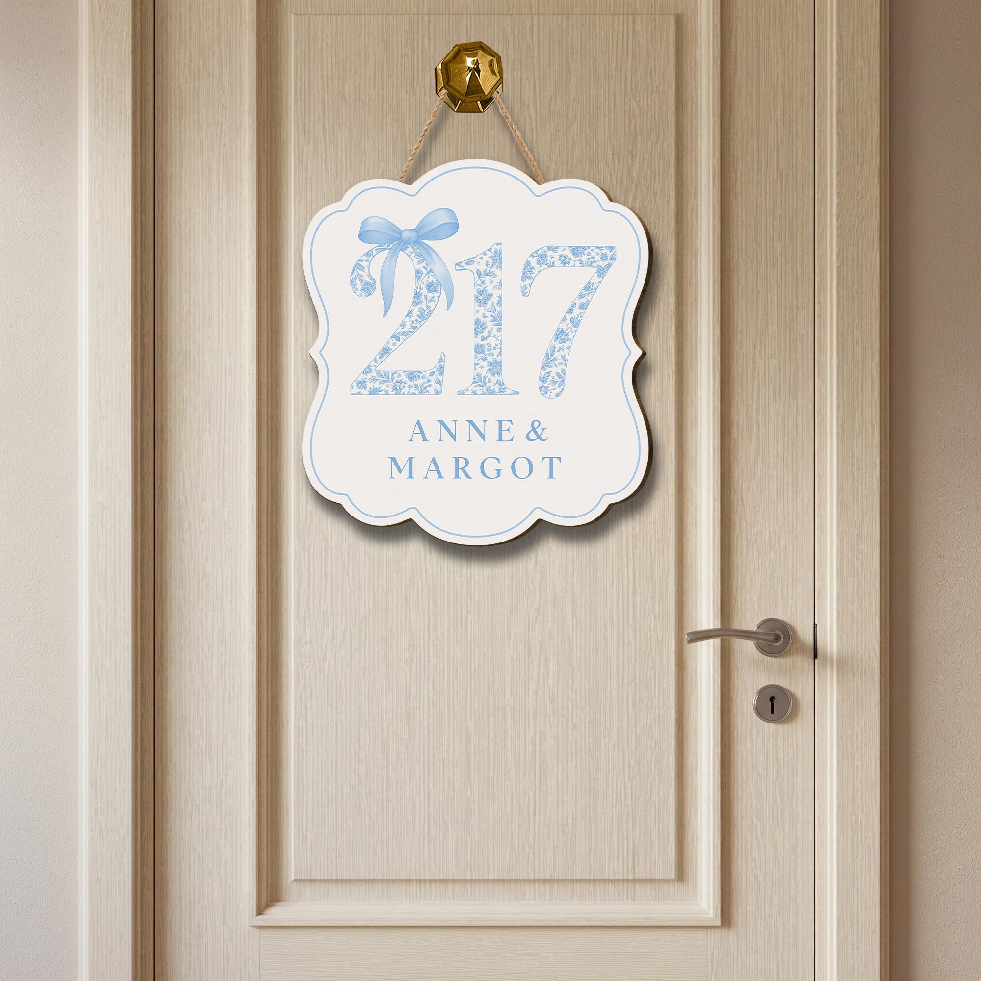 Custom Chinoiserie Dorm Door Sign | Blue Floral Room Number Plaque | Personalized Name Door Hanger | Elegant College Dorm Decor