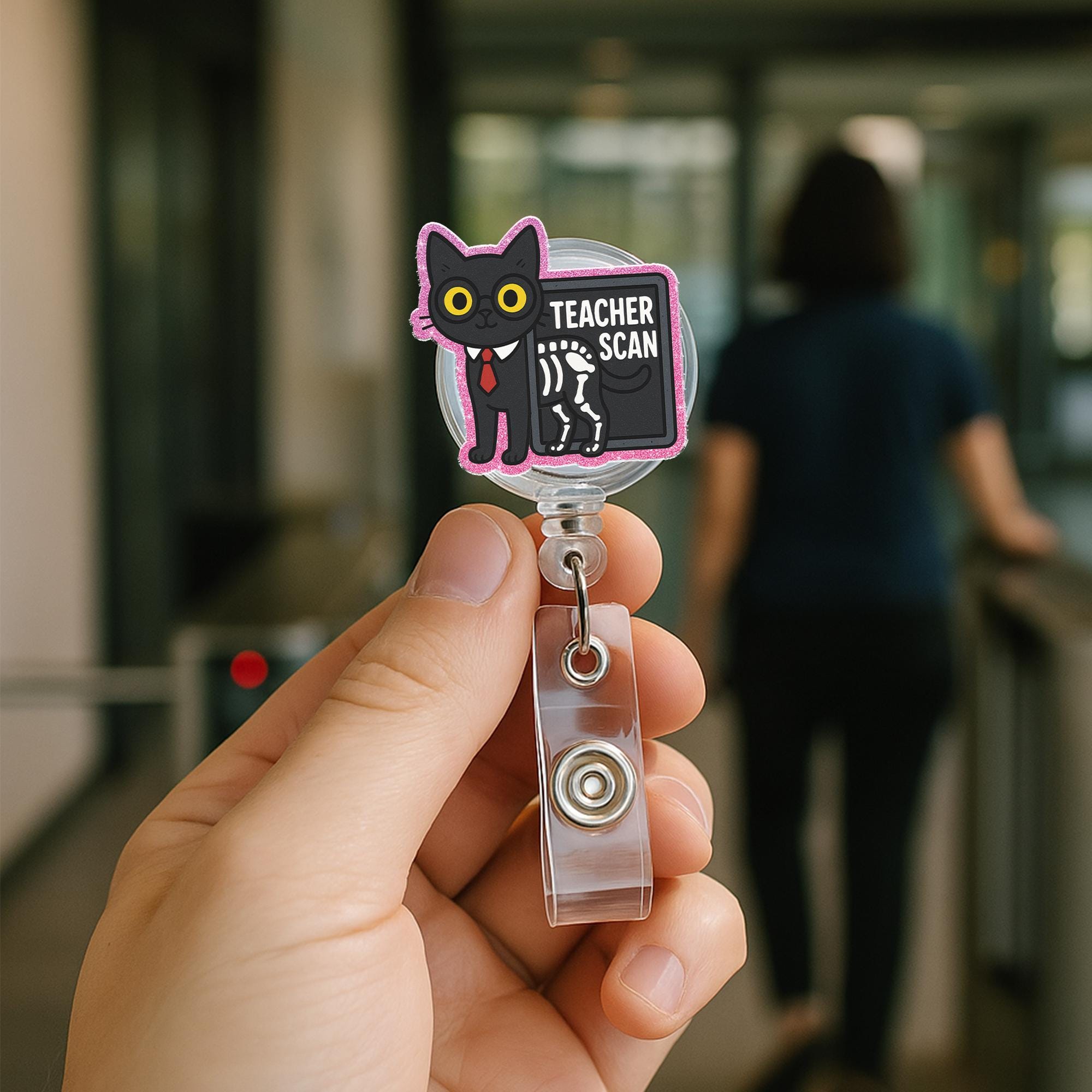 Teacher Scan Cat Badge Reel, Funny X-Ray ID Holder, Black Cat Badge Clip, Cute Teacher Lanyard, Halloween Teacher Gift, Teacher Badge Reel