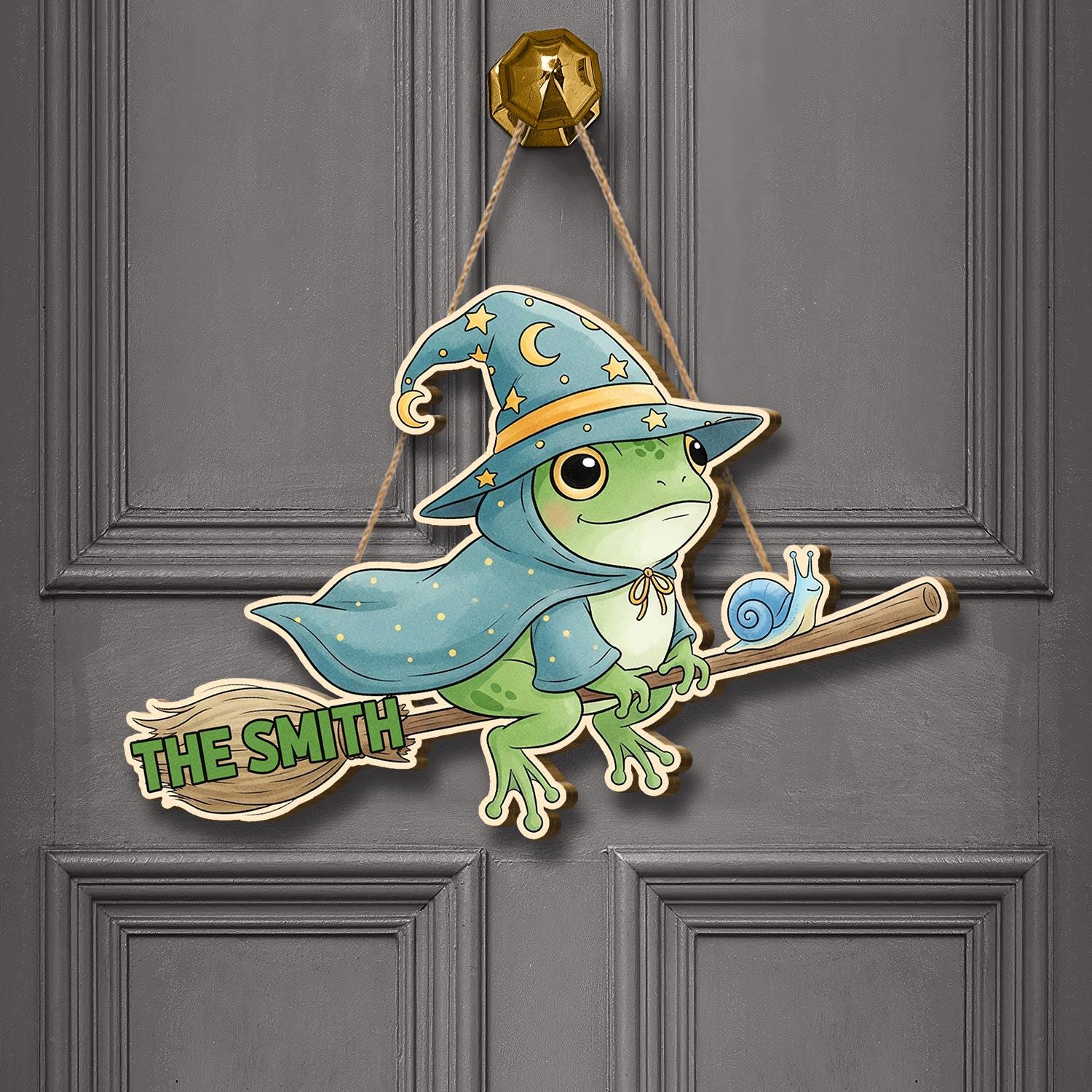 Custom Witch Frog Door Sign, Personalized Halloween Door Hanger, Cute Wizard Frog Decor, Broomstick Frog Sign, Fall Porch Decor