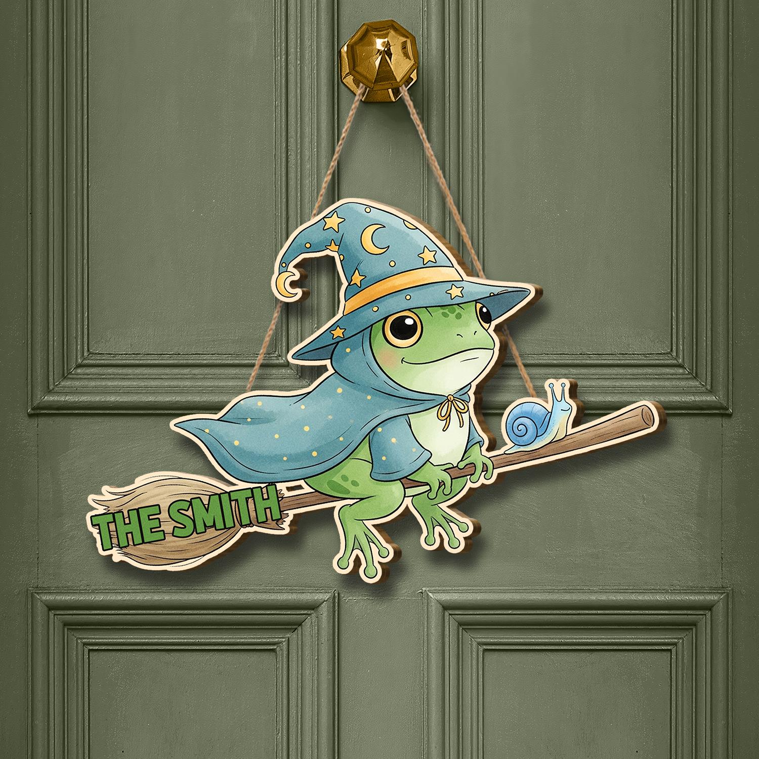 Custom Witch Frog Door Sign, Personalized Halloween Door Hanger, Cute Wizard Frog Decor, Broomstick Frog Sign, Fall Porch Decor