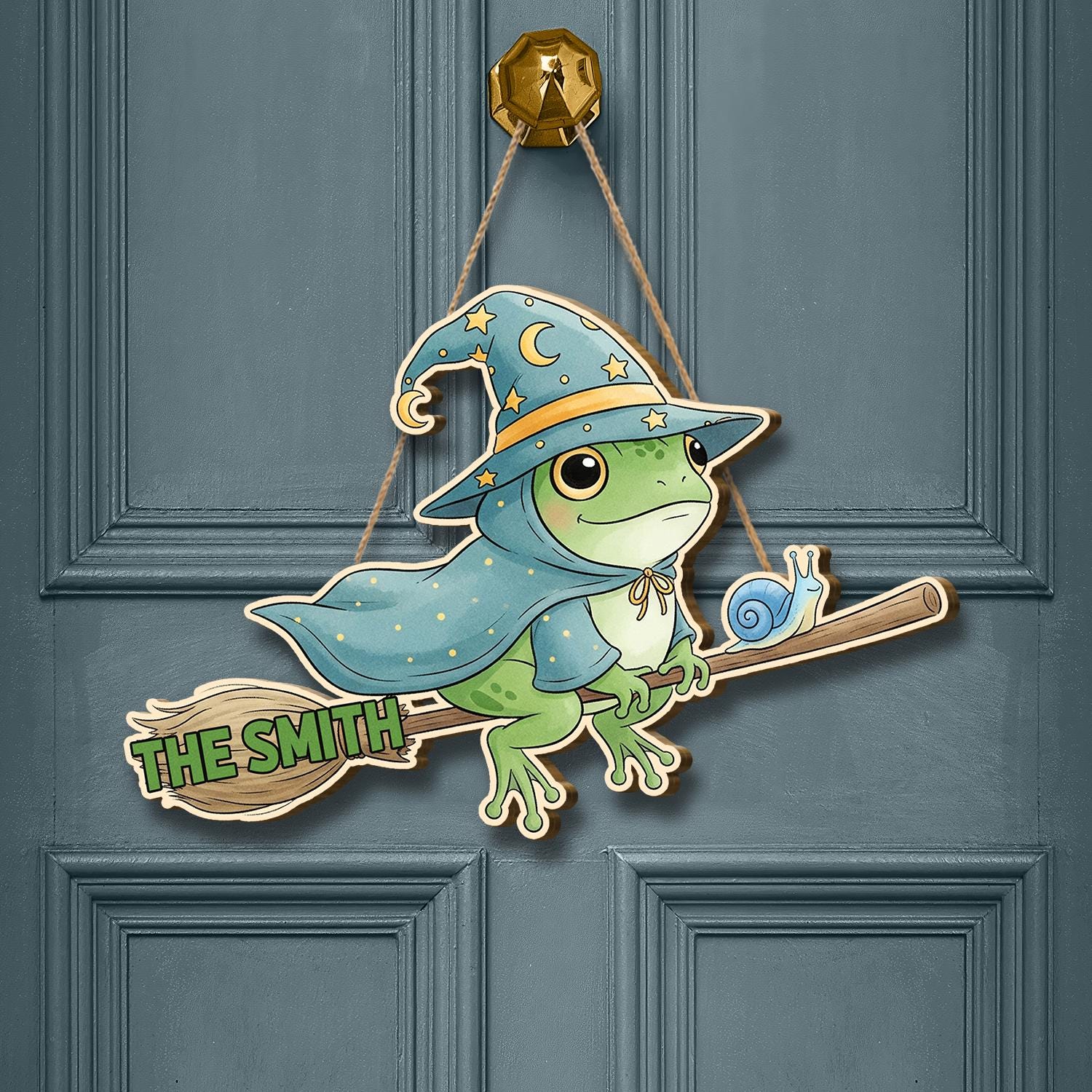 Custom Witch Frog Door Sign, Personalized Halloween Door Hanger, Cute Wizard Frog Decor, Broomstick Frog Sign, Fall Porch Decor