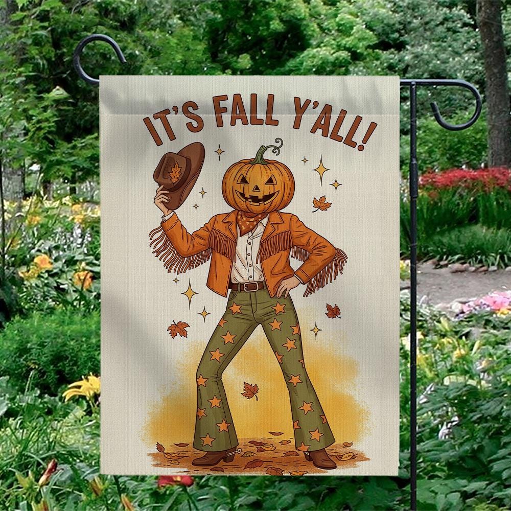 It's Fall Y'all Garden Flag, Pumpkin Head Cowboy Decor, Western Fall Yard Flag, Retro Autumn Porch Sign, Funny Fall Outdoor Decor
