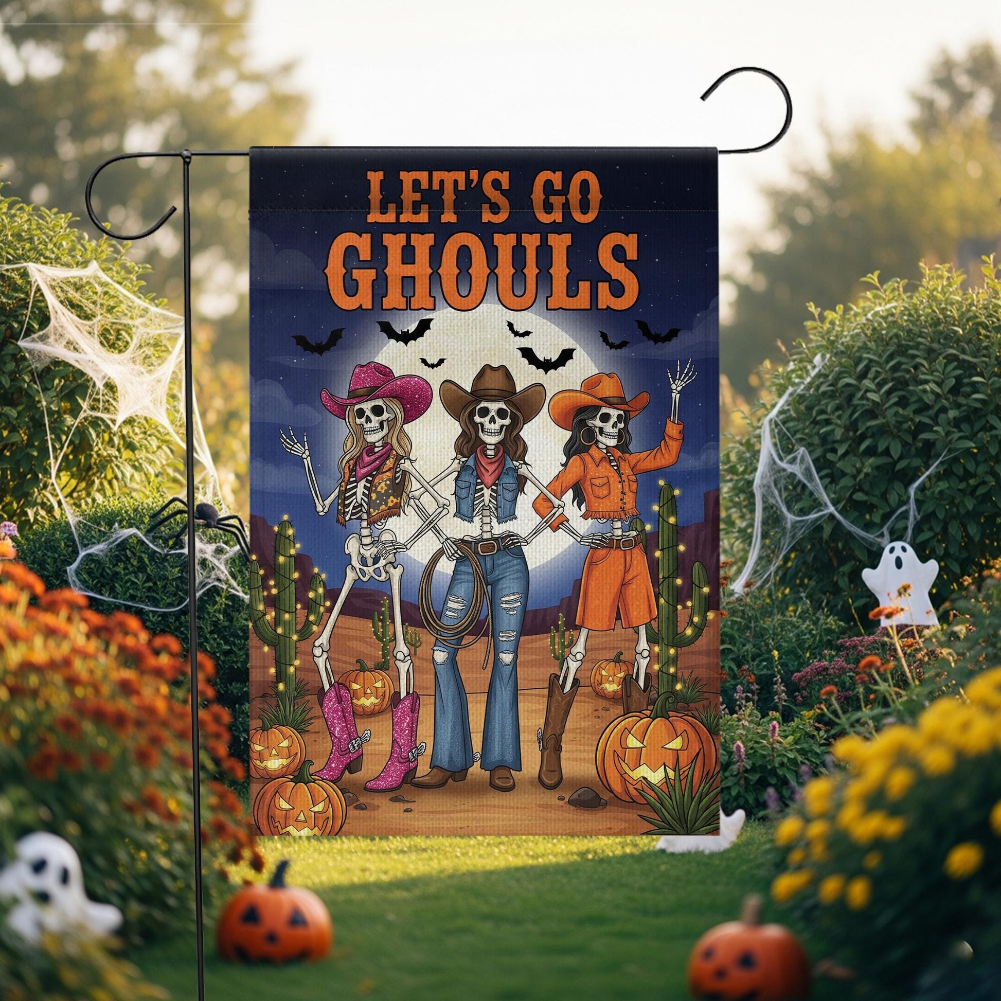 Let’s Go Ghouls Garden Flag – Western Cowgirl Skeleton Halloween Outdoor Décor – Funny Spooky Fall Yard Sign