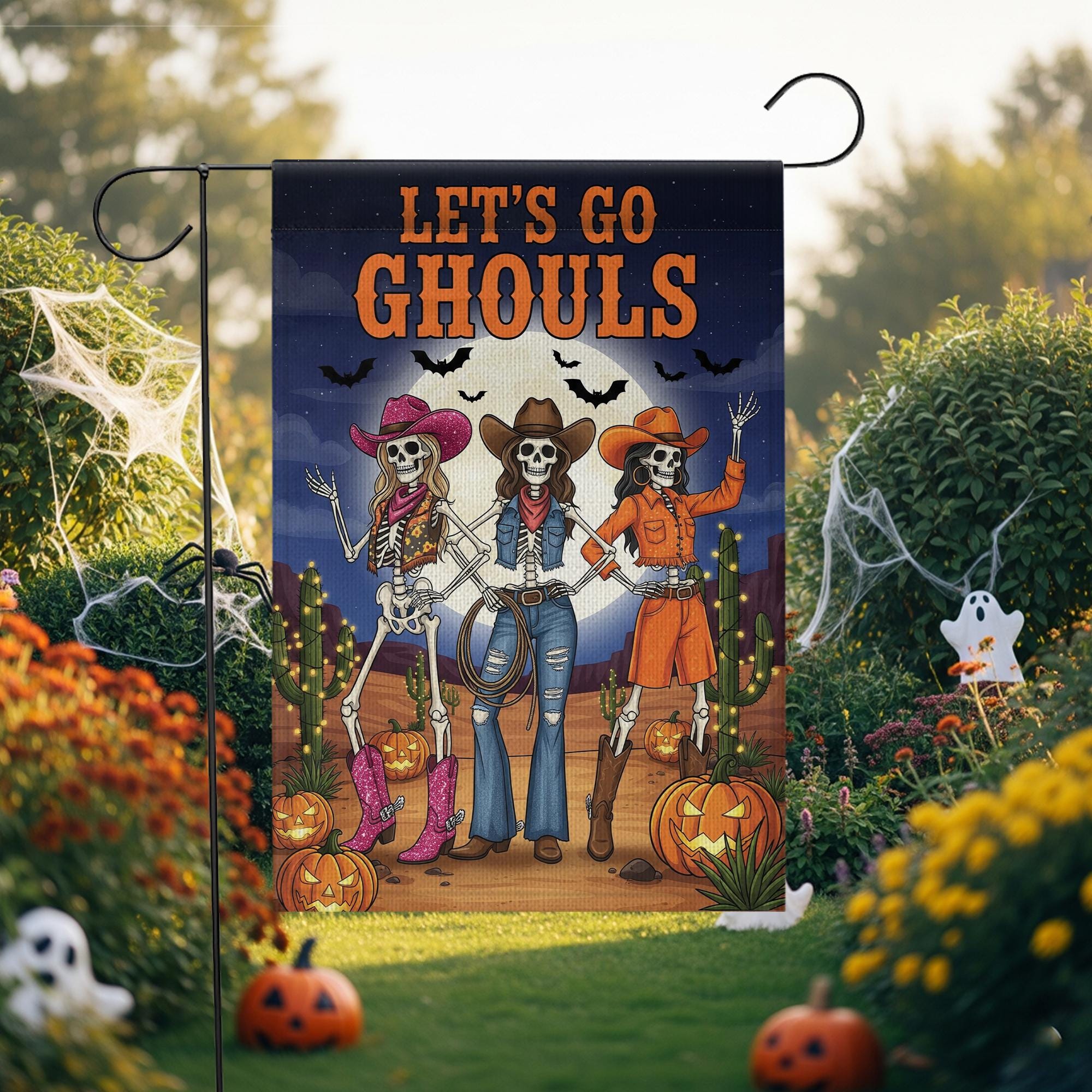 Let’s Go Ghouls Garden Flag – Western Cowgirl Skeleton Halloween Outdoor Décor – Funny Spooky Fall Yard Sign