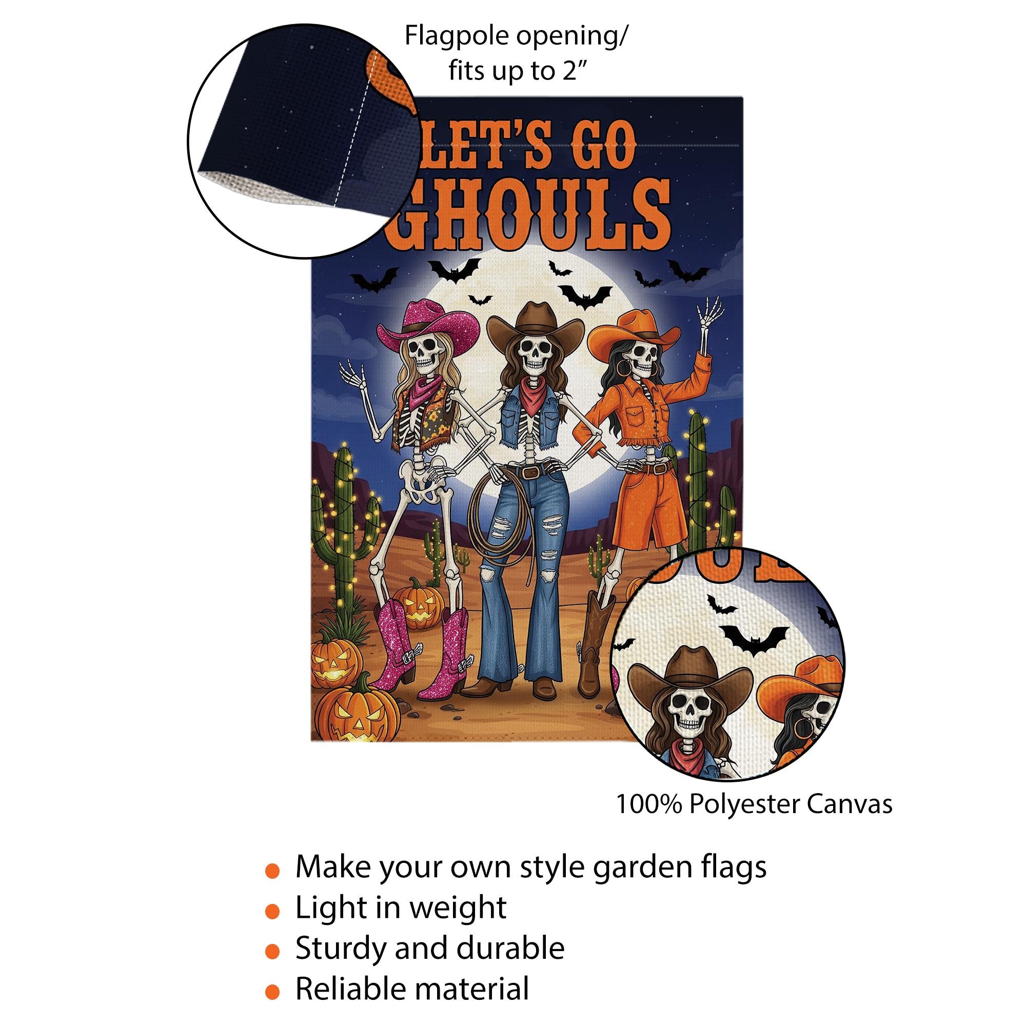 Let’s Go Ghouls Garden Flag – Western Cowgirl Skeleton Halloween Outdoor Décor – Funny Spooky Fall Yard Sign