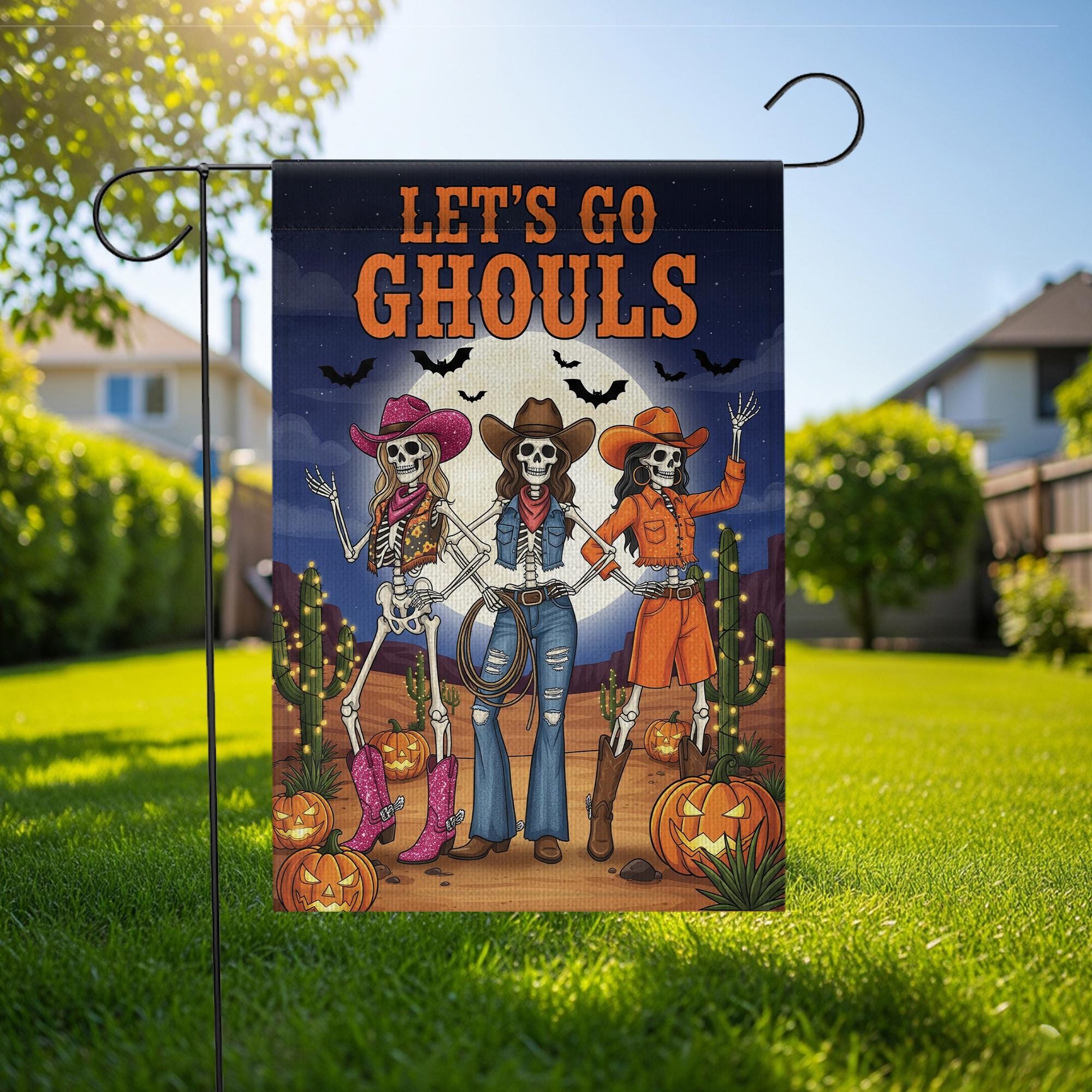 Let’s Go Ghouls Garden Flag – Western Cowgirl Skeleton Halloween Outdoor Décor – Funny Spooky Fall Yard Sign