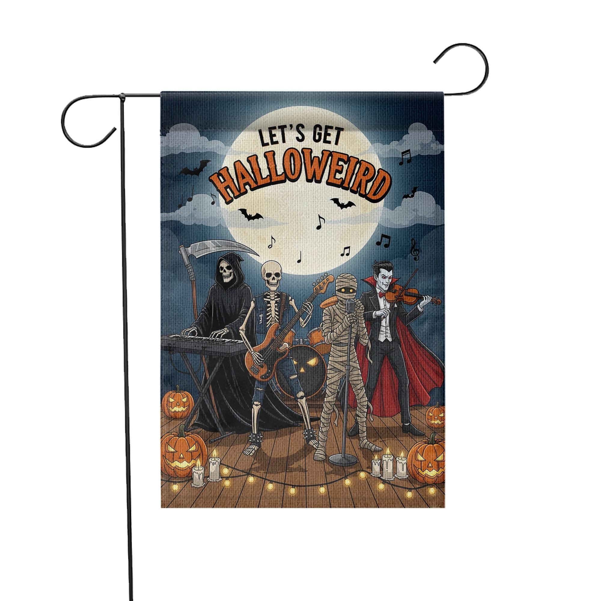 Let’s Get Halloweird Garden Flag – Halloween Band Skeleton Grim Reaper Vampire Yard Décor – Funny Spooky Fall Sign