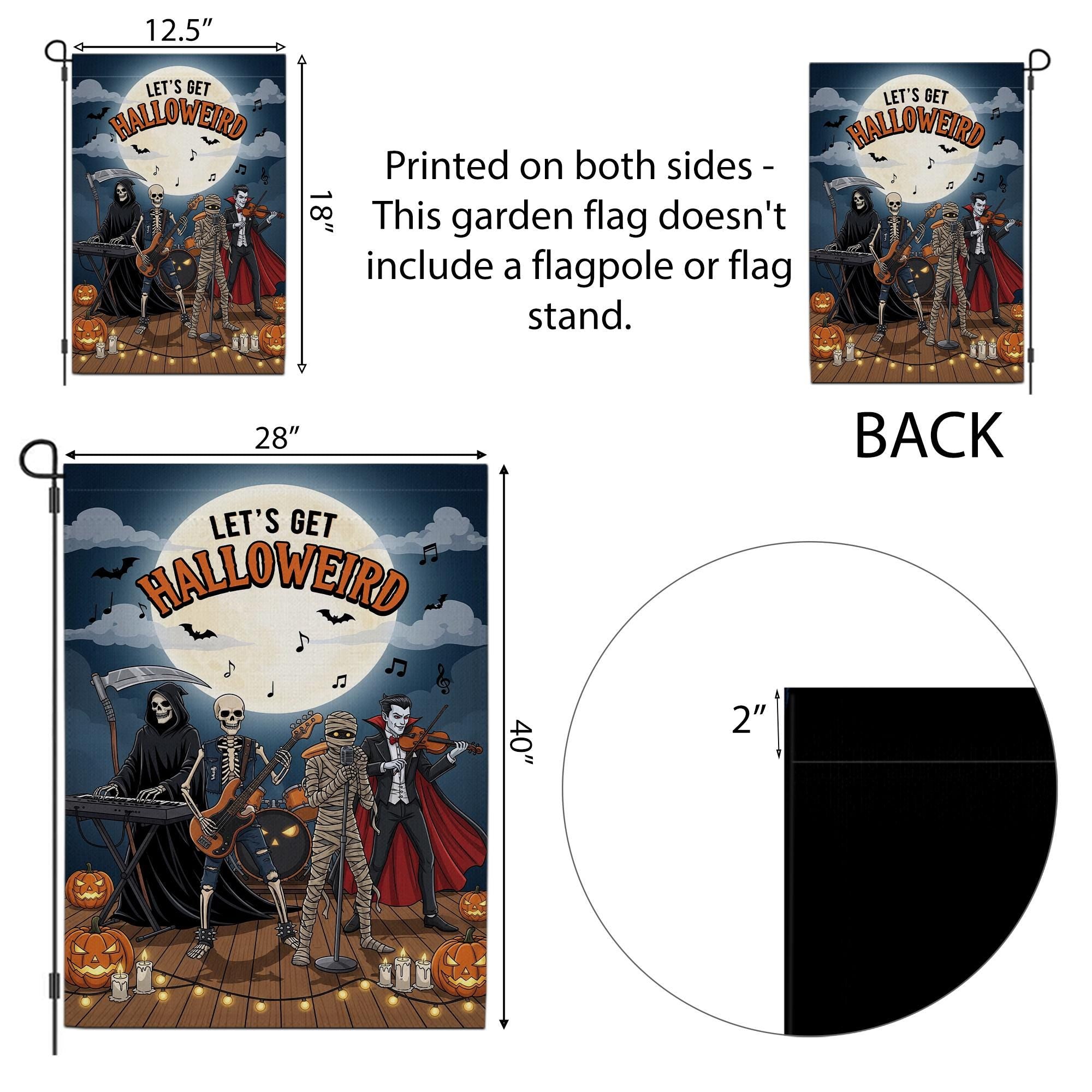 Let’s Get Halloweird Garden Flag – Halloween Band Skeleton Grim Reaper Vampire Yard Décor – Funny Spooky Fall Sign