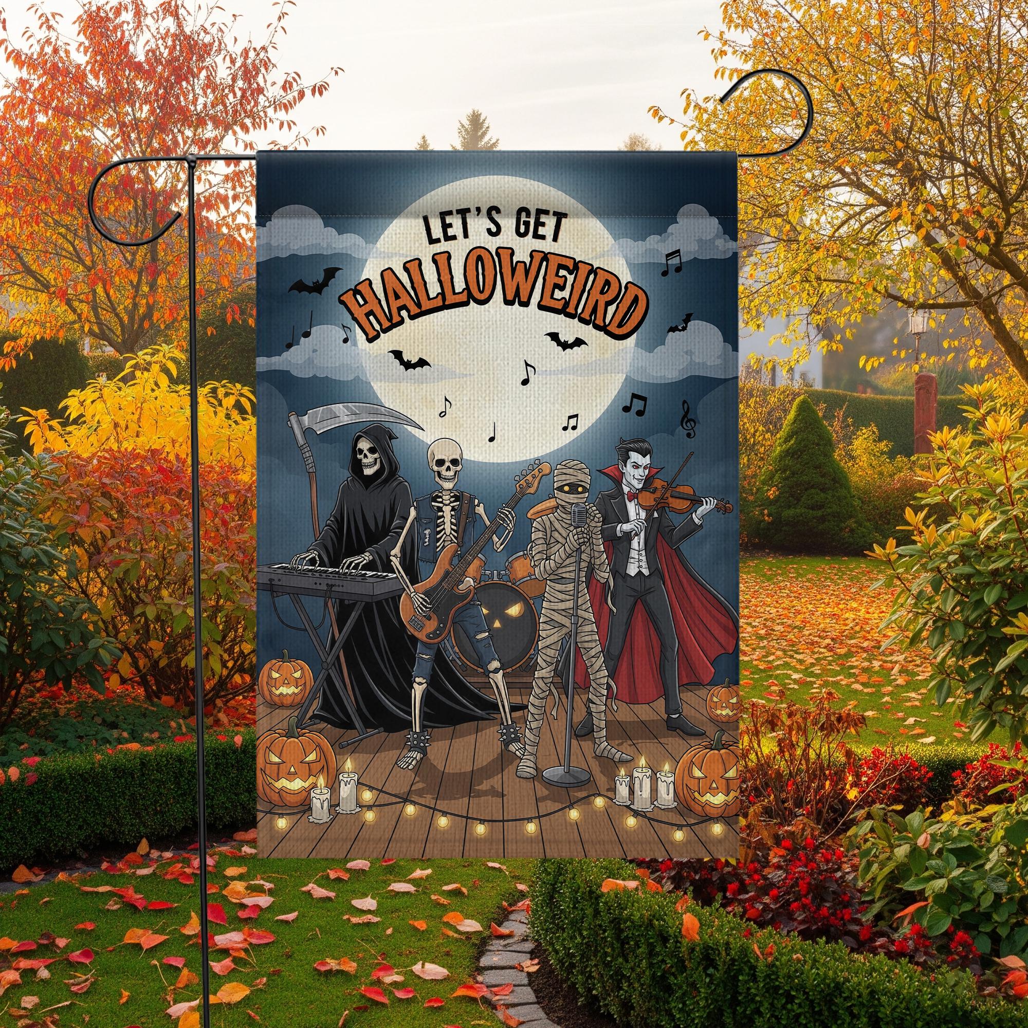 Let’s Get Halloweird Garden Flag – Halloween Band Skeleton Grim Reaper Vampire Yard Décor – Funny Spooky Fall Sign