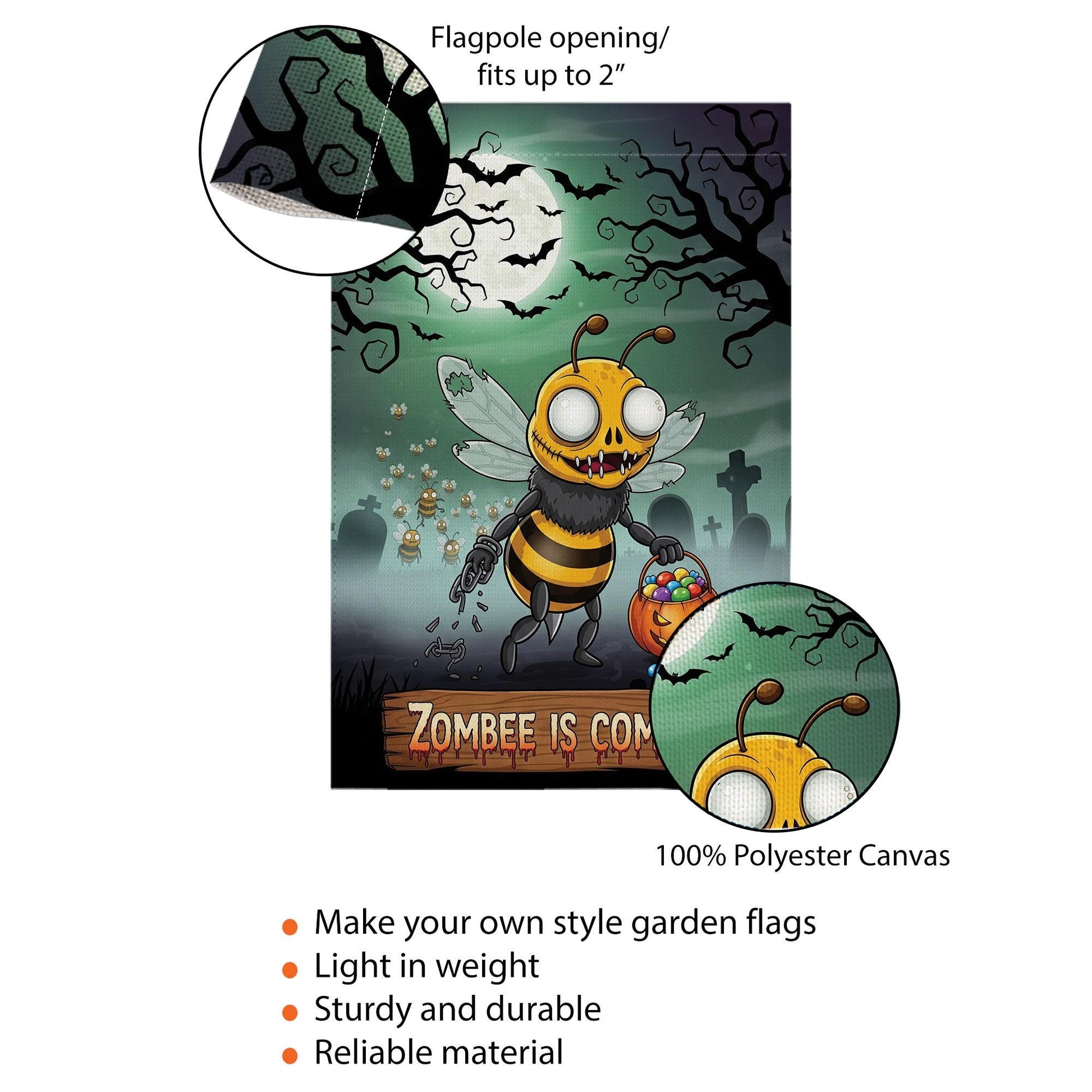 Zombee Halloween Garden Flag – Funny Zombie Bee Yard Sign – Spooky Cute Fall Outdoor Décor