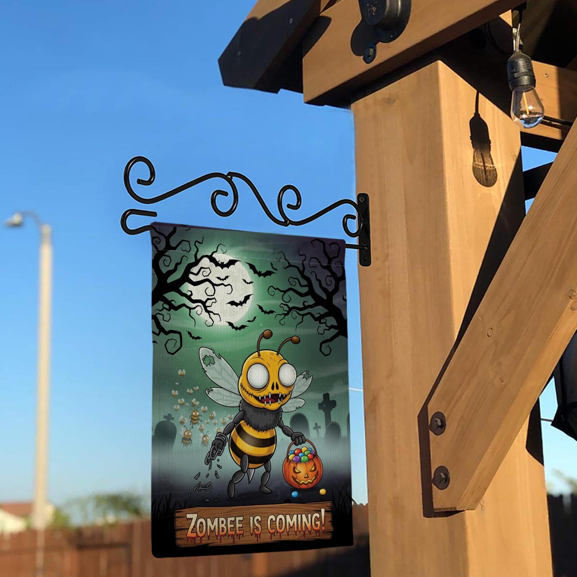 Zombee Halloween Garden Flag – Funny Zombie Bee Yard Sign – Spooky Cute Fall Outdoor Décor