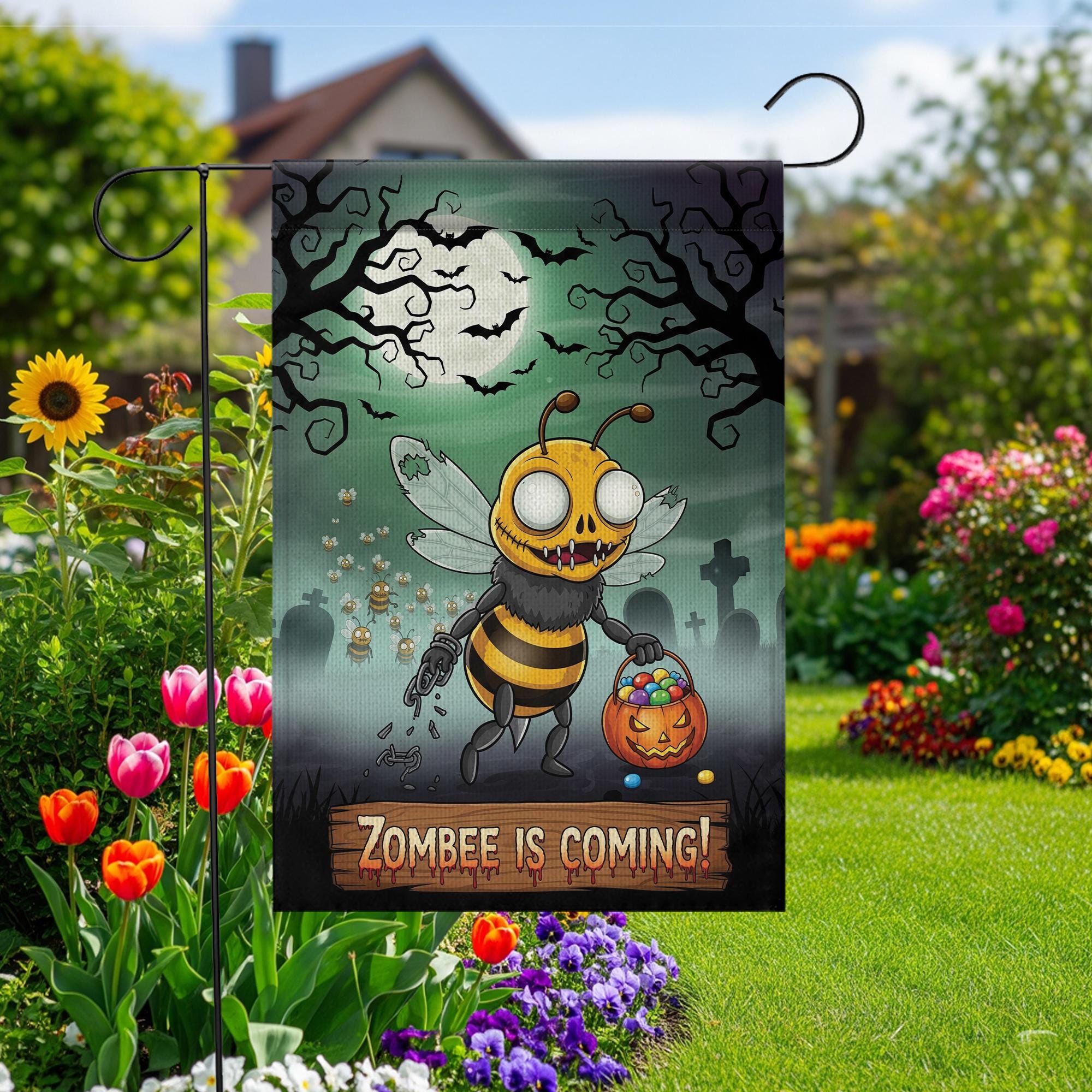 Zombee Halloween Garden Flag – Funny Zombie Bee Yard Sign – Spooky Cute Fall Outdoor Décor