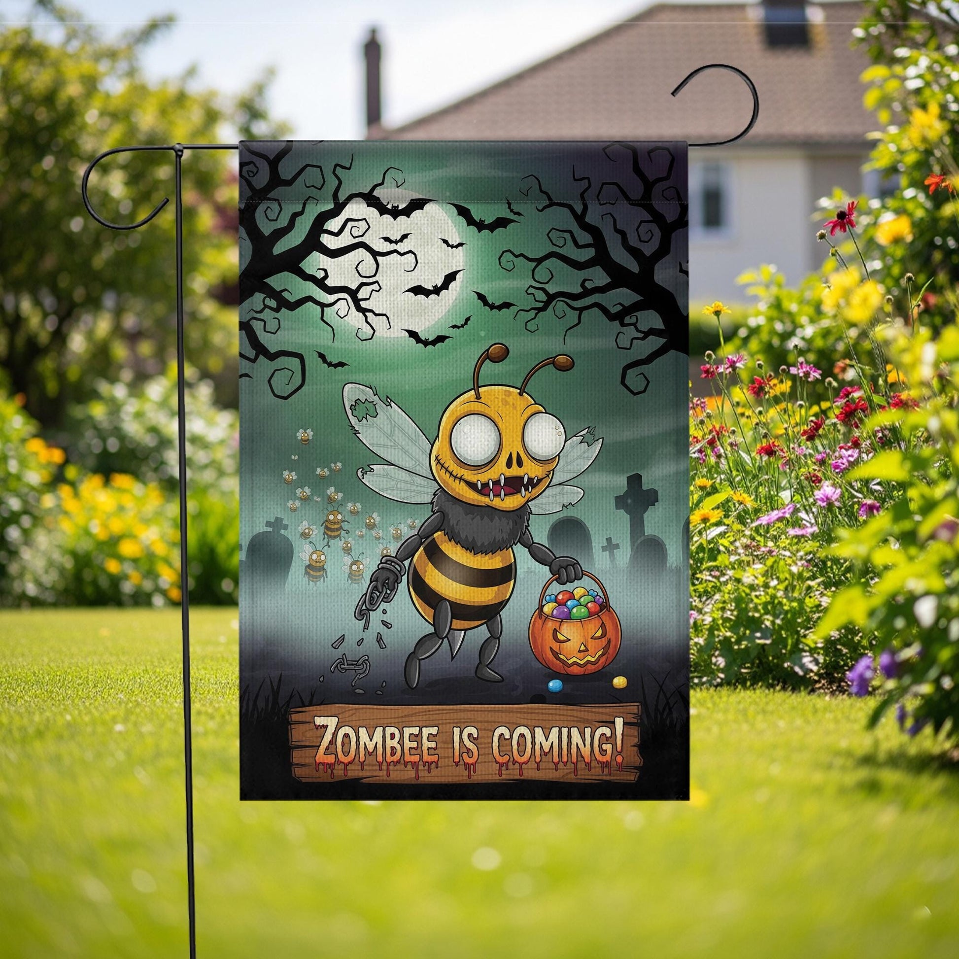 Zombee Halloween Garden Flag – Funny Zombie Bee Yard Sign – Spooky Cute Fall Outdoor Décor