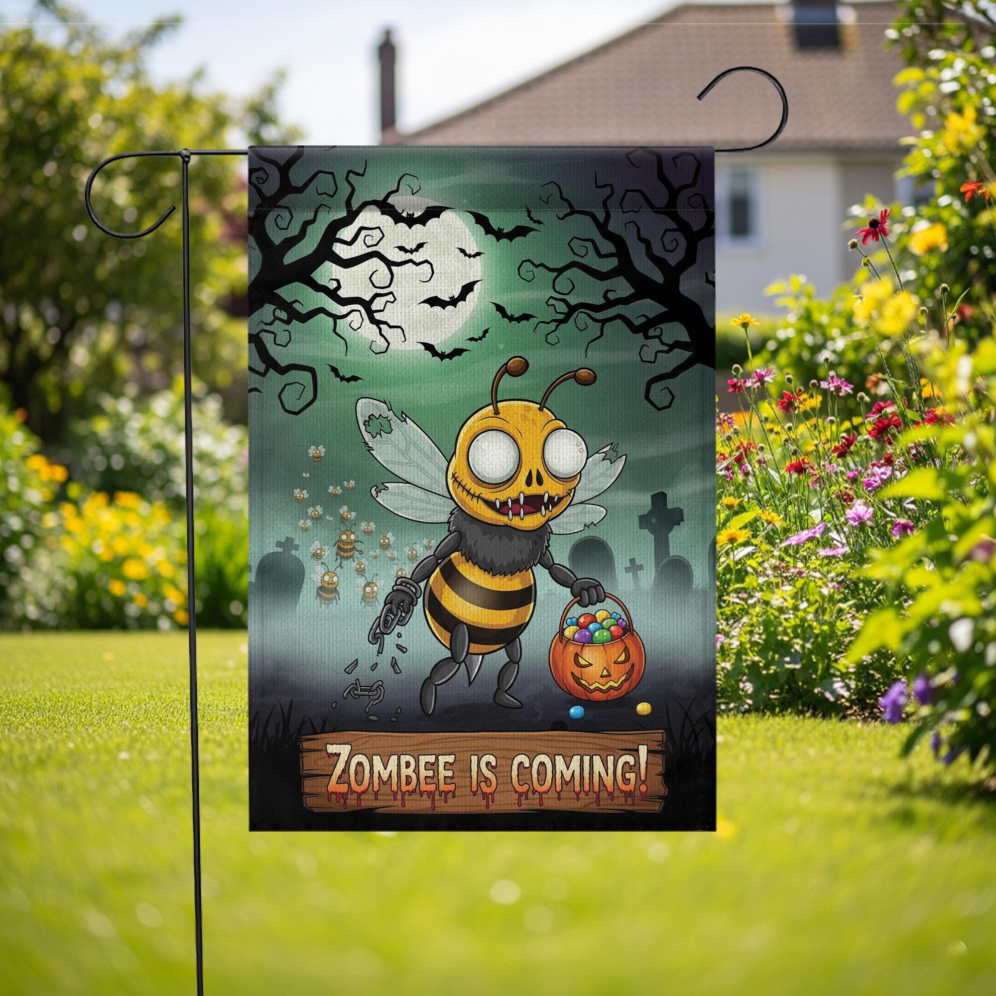 Zombee Halloween Garden Flag – Funny Zombie Bee Yard Sign – Spooky Cute Fall Outdoor Décor