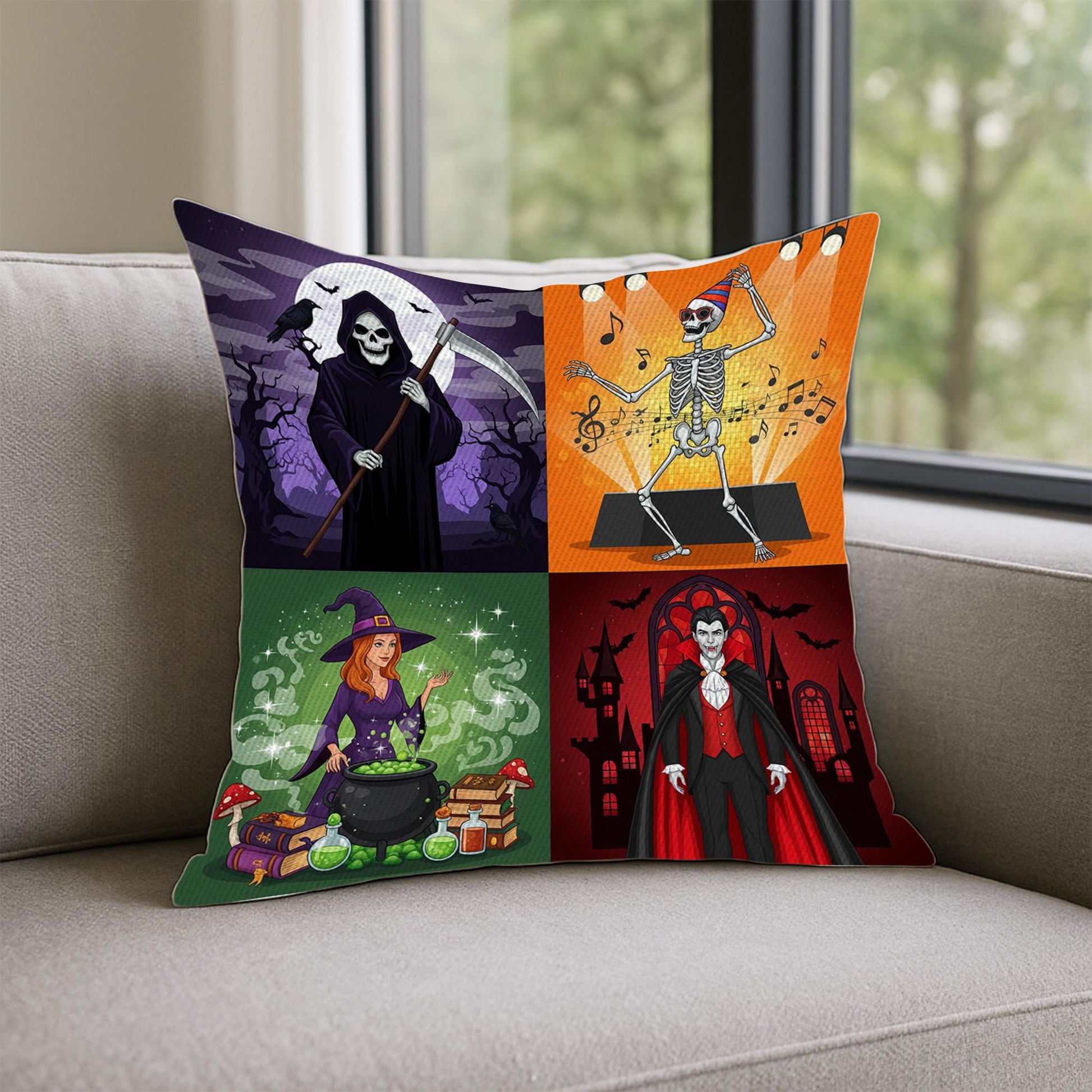 Halloween Pillow Cover – Grim Reaper Witch Skeleton Vampire – Spooky 4 Panel Throw Pillow – Fall Couch Decor