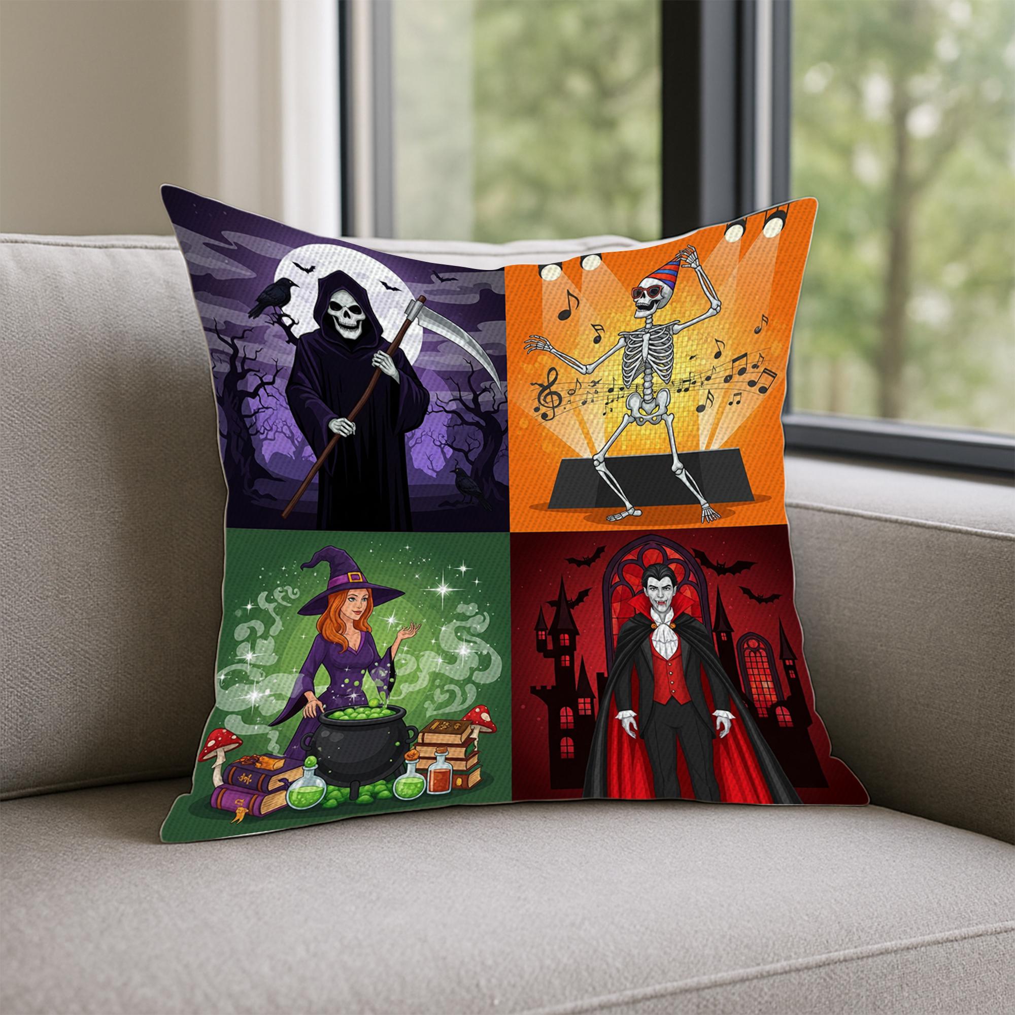 Halloween Pillow Cover – Grim Reaper Witch Skeleton Vampire – Spooky 4 Panel Throw Pillow – Fall Couch Decor