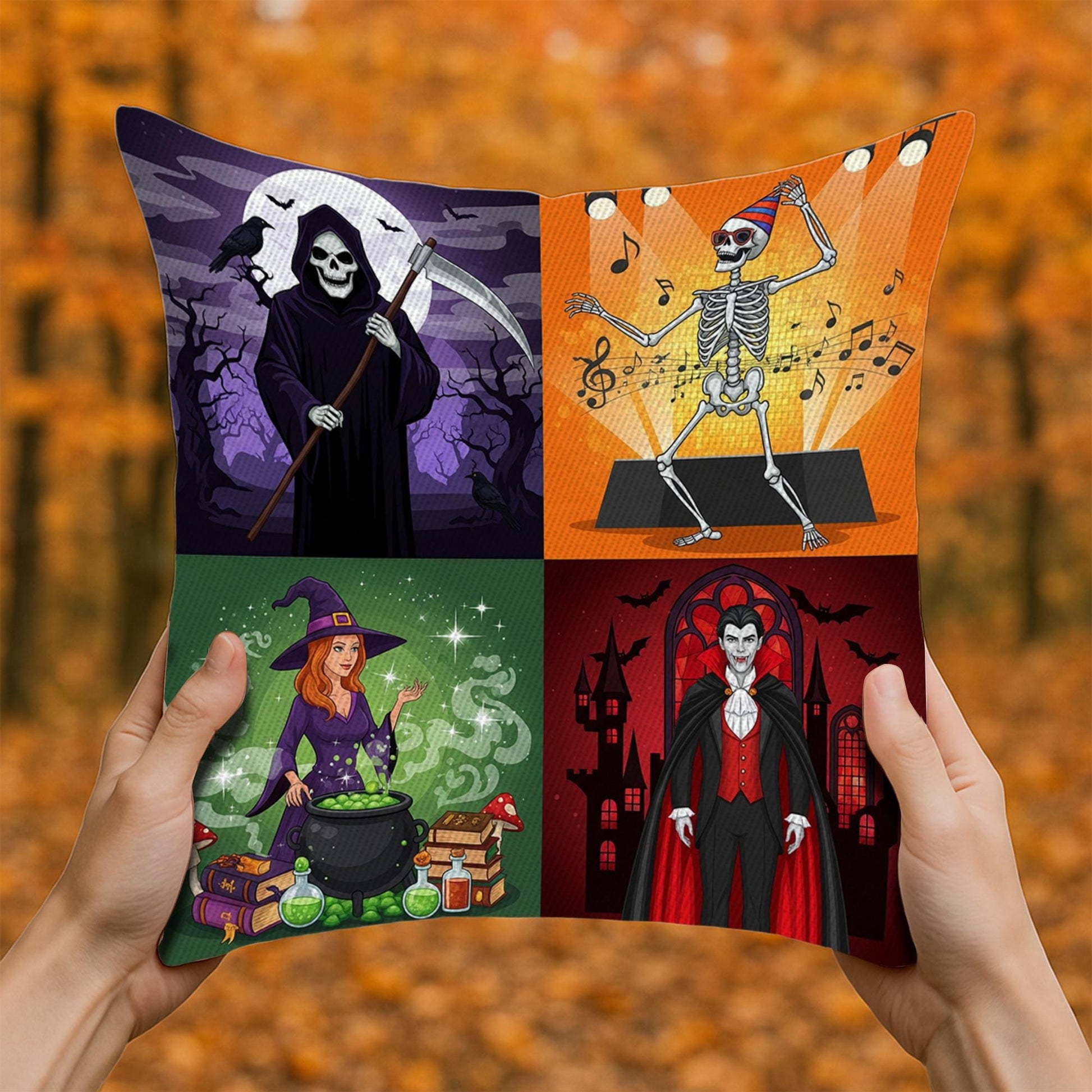 Halloween Pillow Cover – Grim Reaper Witch Skeleton Vampire – Spooky 4 Panel Throw Pillow – Fall Couch Decor