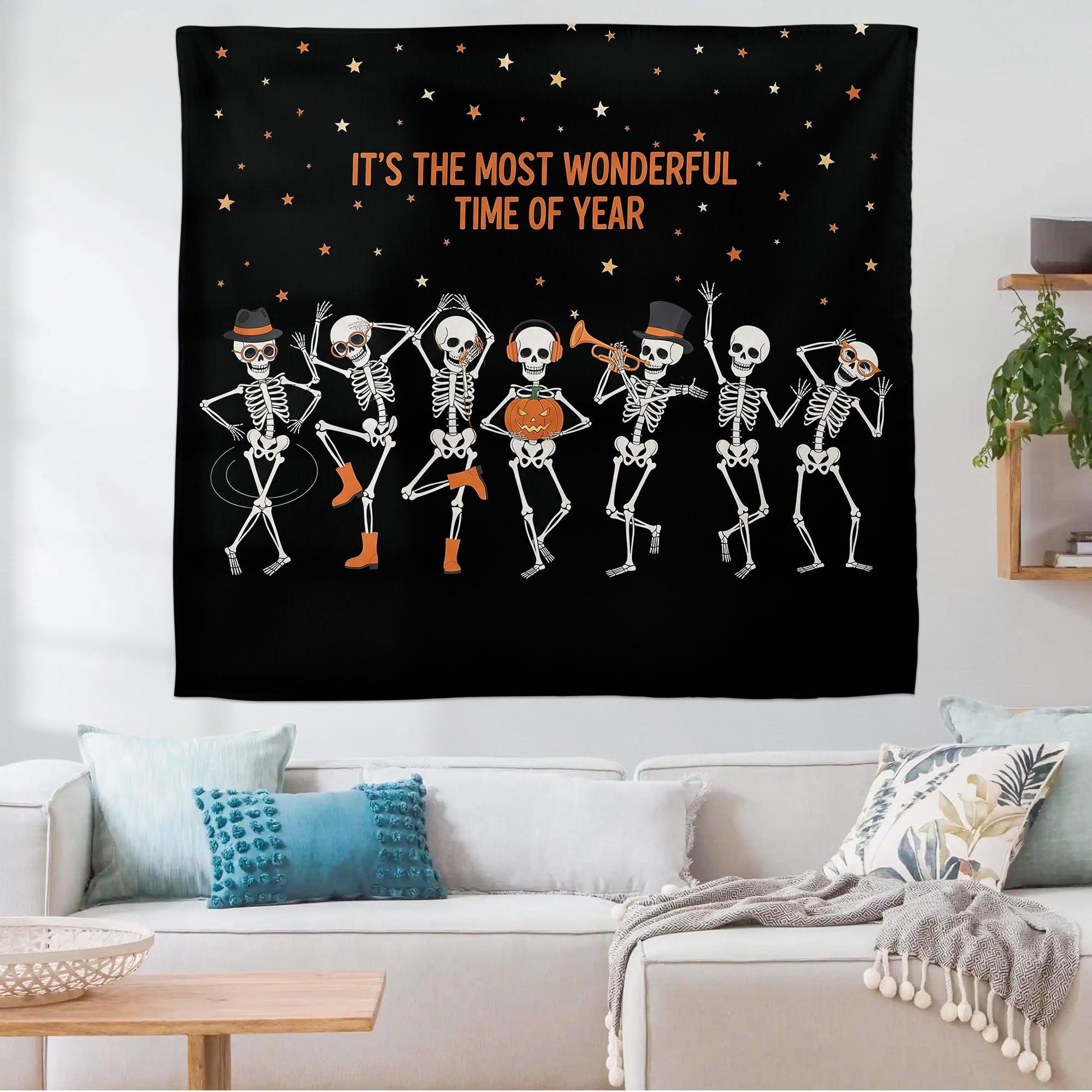 Halloween Skeleton Dance Wall Tapestry, Spooky Pumpkin Starry Night Hanging, Funny Autumn Party Room Decor