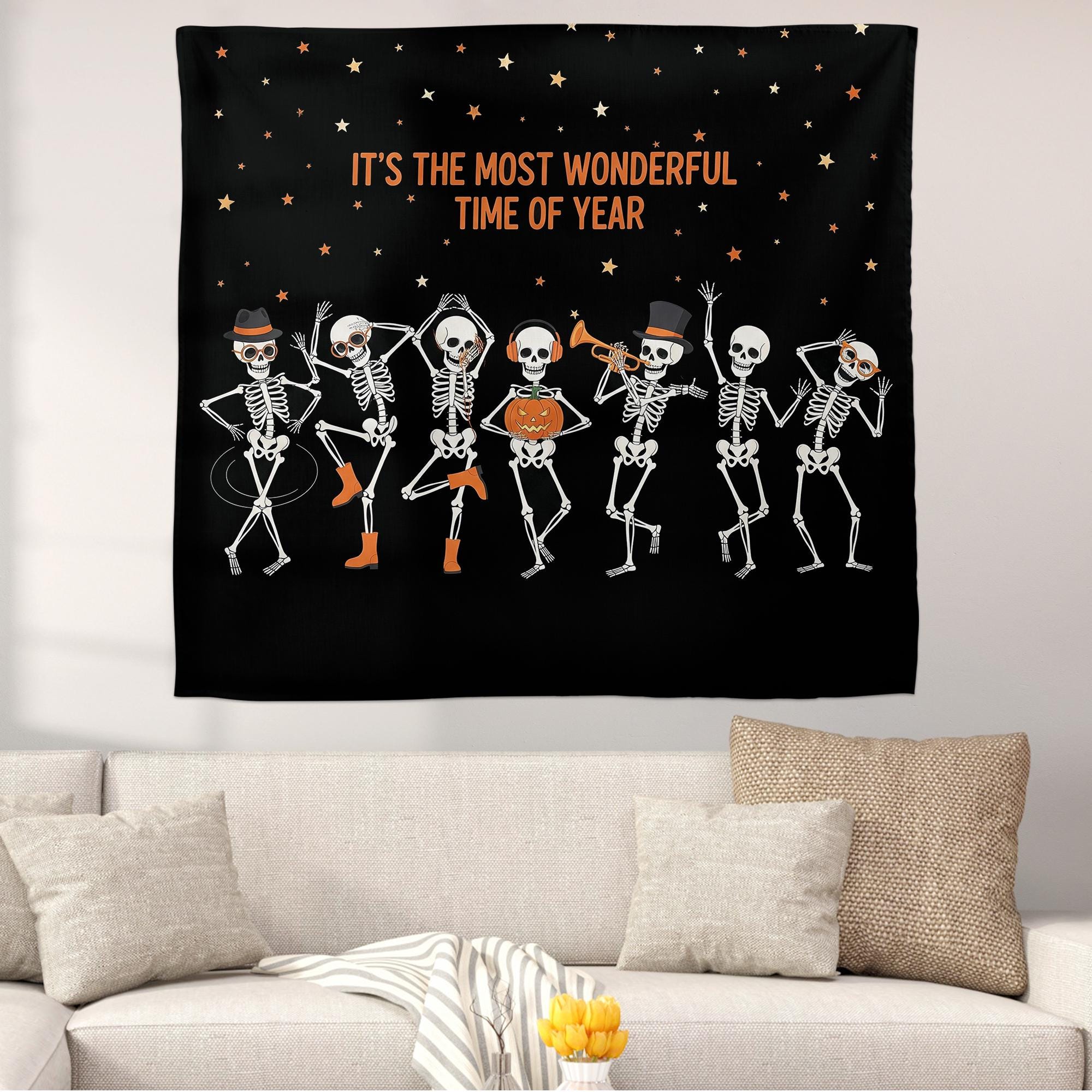Halloween Skeleton Dance Wall Tapestry, Spooky Pumpkin Starry Night Hanging, Funny Autumn Party Room Decor