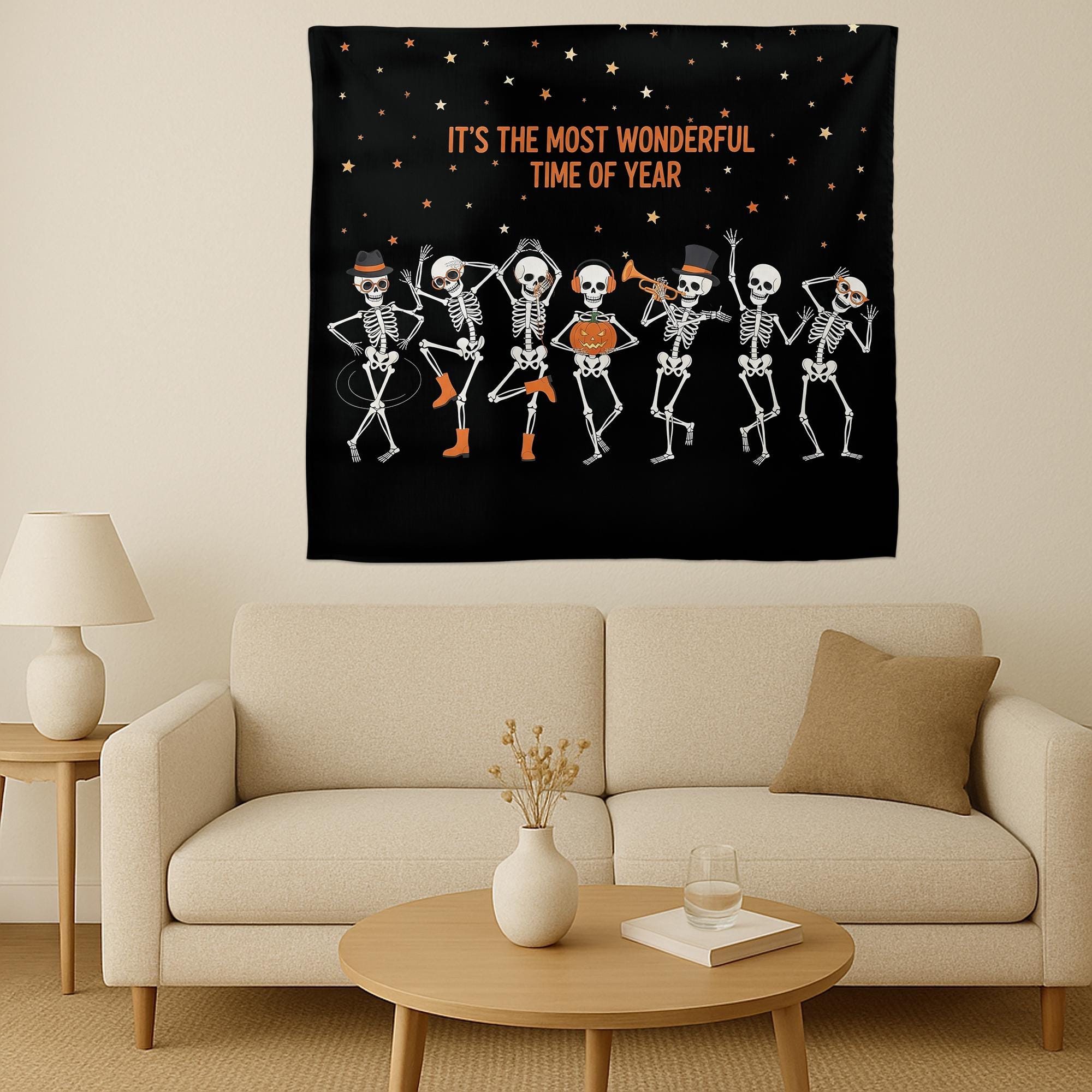 Halloween Skeleton Dance Wall Tapestry, Spooky Pumpkin Starry Night Hanging, Funny Autumn Party Room Decor