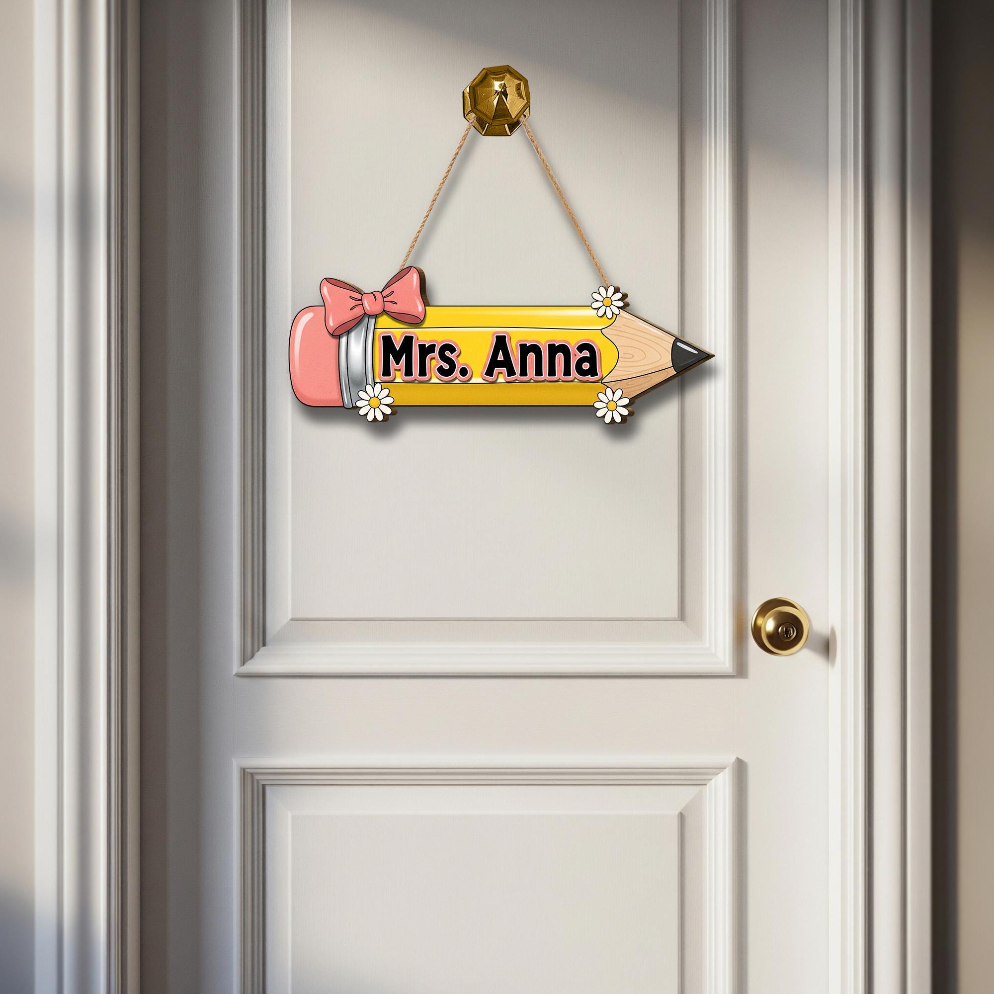 Personalized Teacher Door Sign Pencil | Custom Classroom Name Sign | Back to School Teacher Gift | Pencil Bow Teacher Decor | Teacher Door