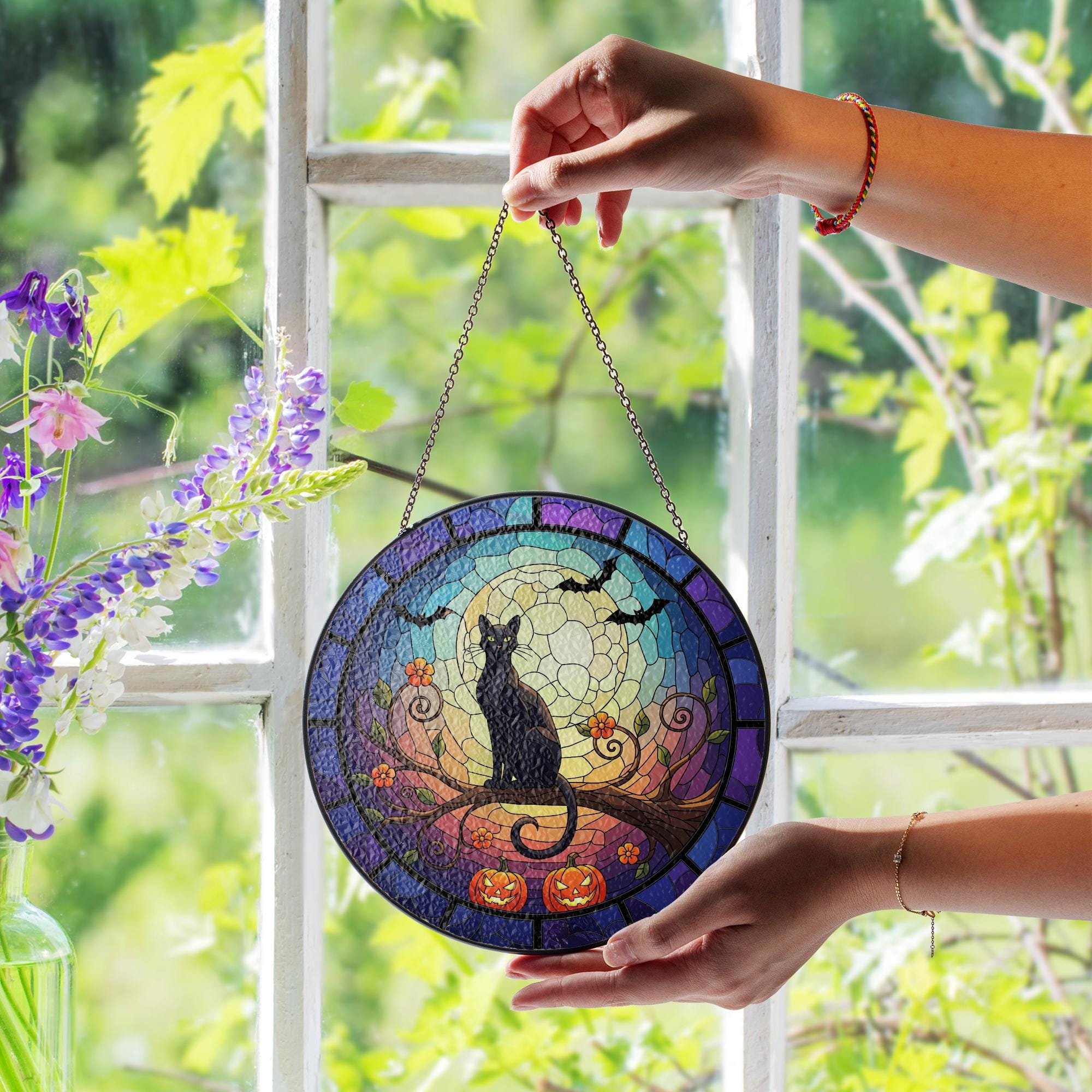 Halloween Black Cat Round Suncatcher, Pumpkin Moon Window Hanging Decoration, Spooky Autumn Sun Catcher for Home Decor
