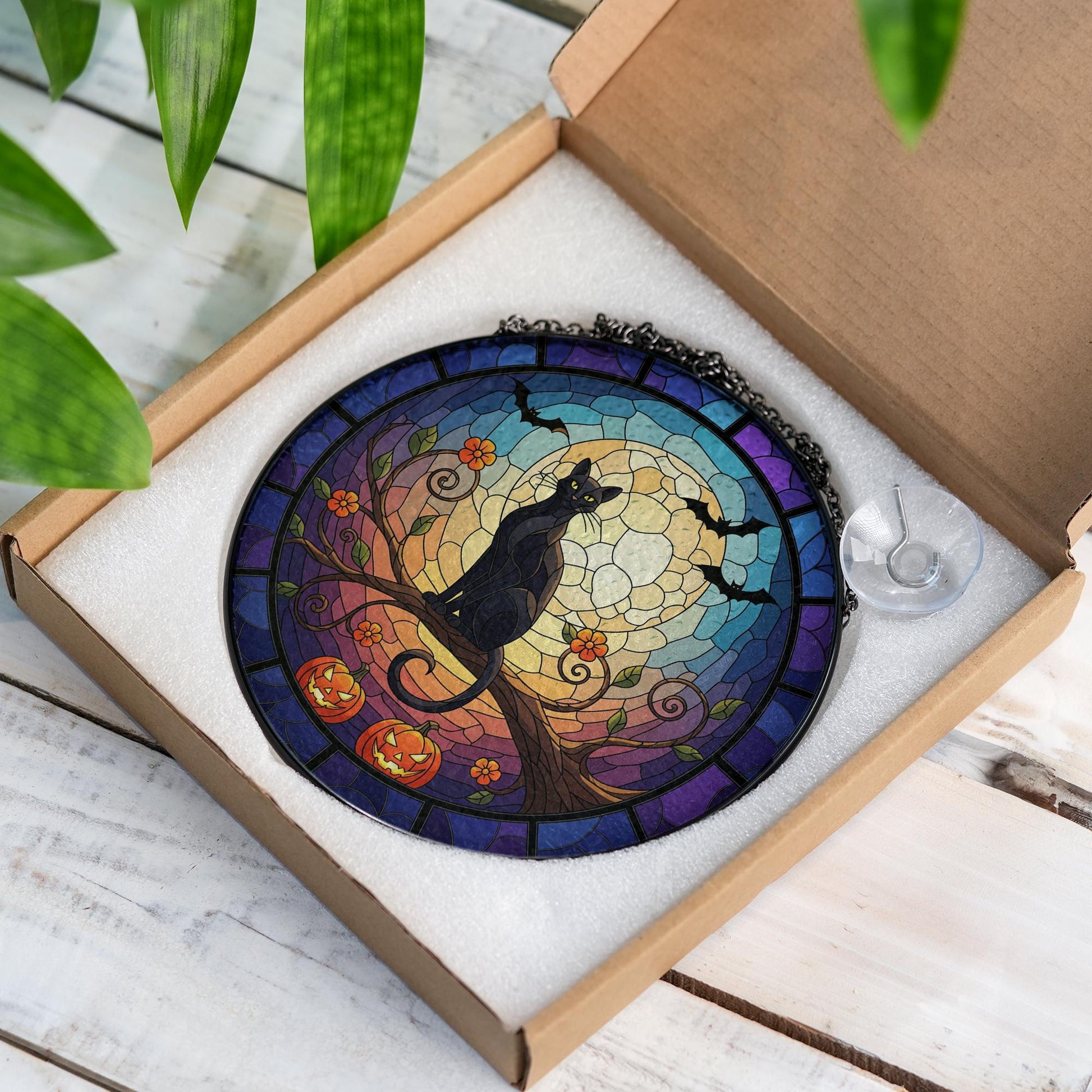 Halloween Black Cat Round Suncatcher, Pumpkin Moon Window Hanging Decoration, Spooky Autumn Sun Catcher for Home Decor