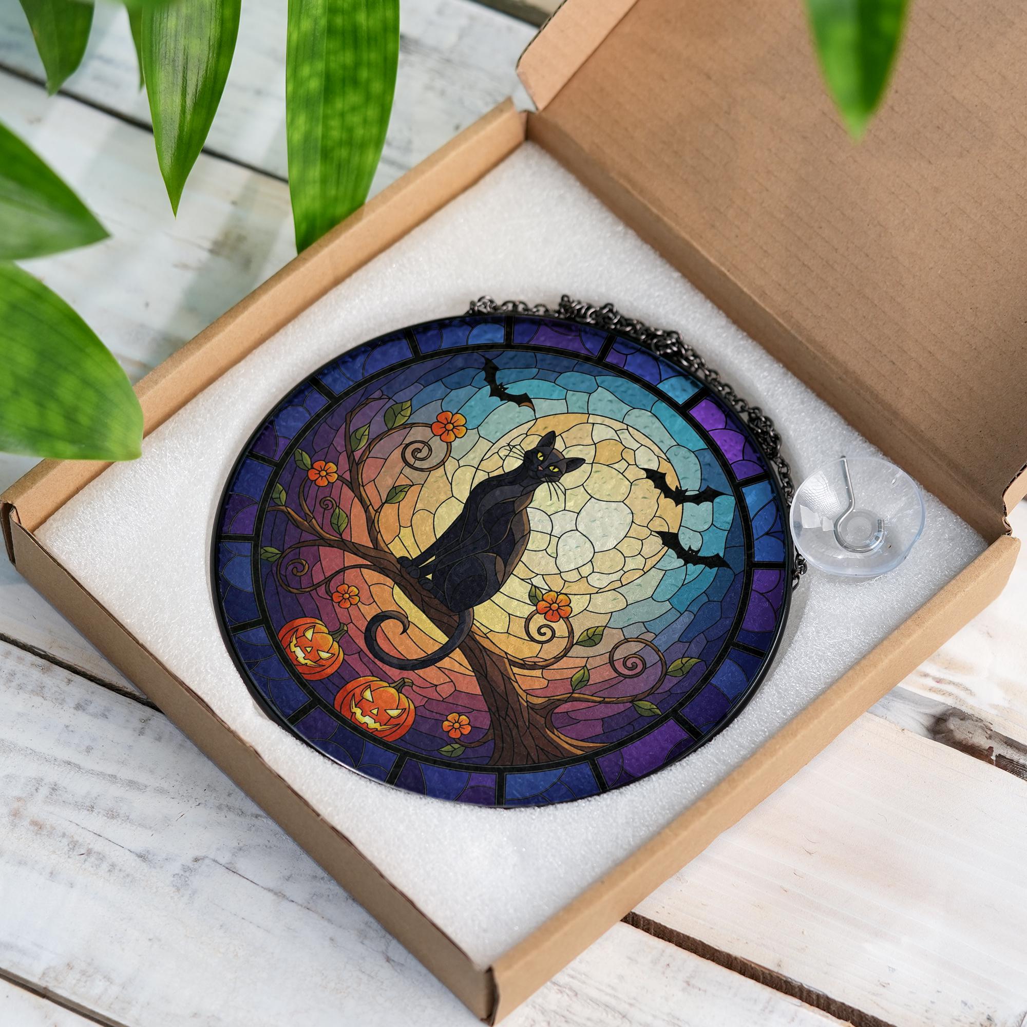 Halloween Black Cat Round Suncatcher, Pumpkin Moon Window Hanging Decoration, Spooky Autumn Sun Catcher for Home Decor