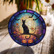 Halloween Black Cat Round Suncatcher, Pumpkin Moon Window Hanging Decoration, Spooky Autumn Sun Catcher for Home Decor