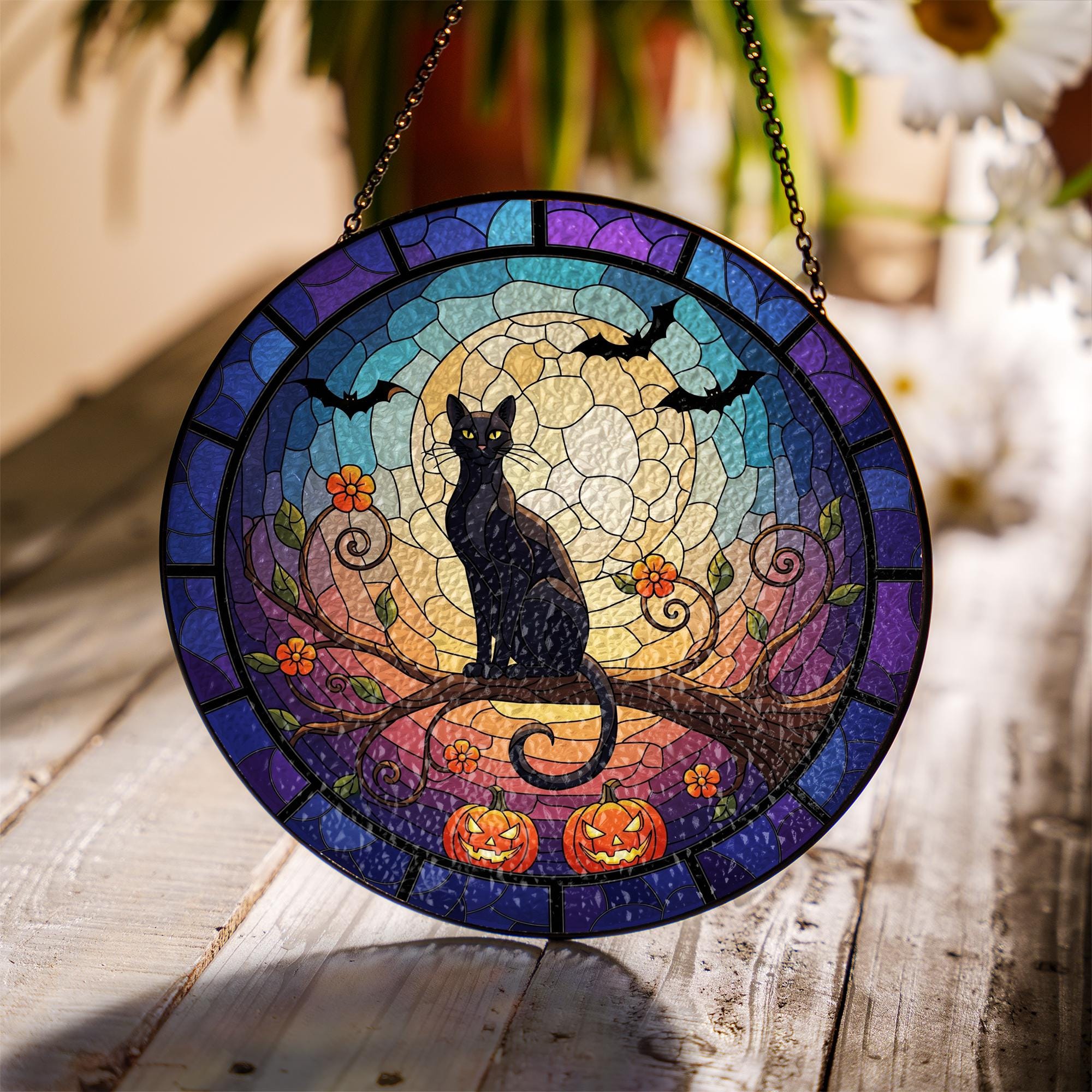 Halloween Black Cat Round Suncatcher, Pumpkin Moon Window Hanging Decoration, Spooky Autumn Sun Catcher for Home Decor