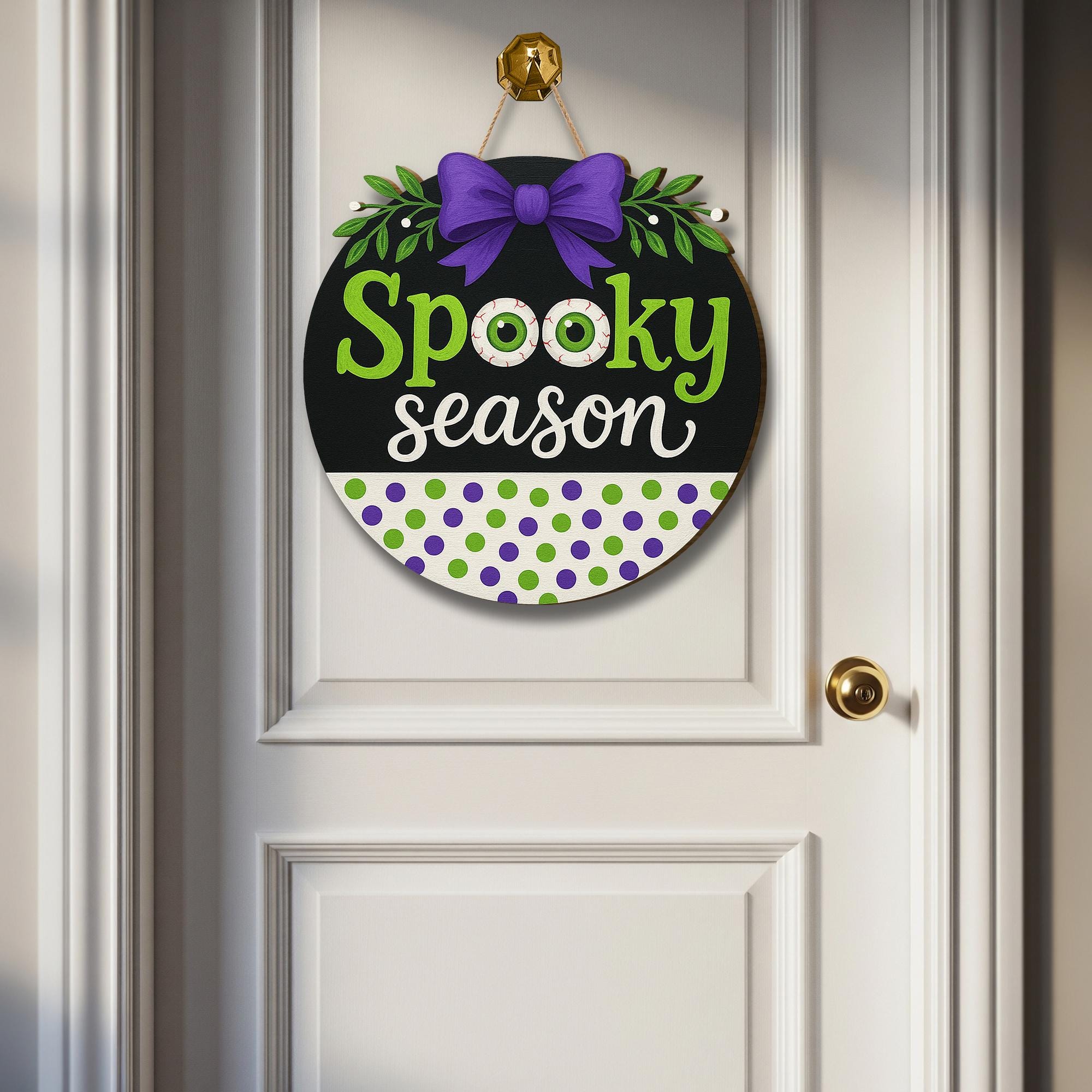Spooky Season 3D Wooden Sign, Halloween Door Hanger with Eyeballs & Bow, Cute Purple Green Fall Decor, Funny Holiday Wall Art