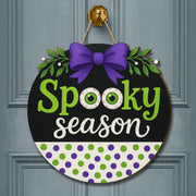 Spooky Season 3D Wooden Sign, Halloween Door Hanger with Eyeballs & Bow, Cute Purple Green Fall Decor, Funny Holiday Wall Art