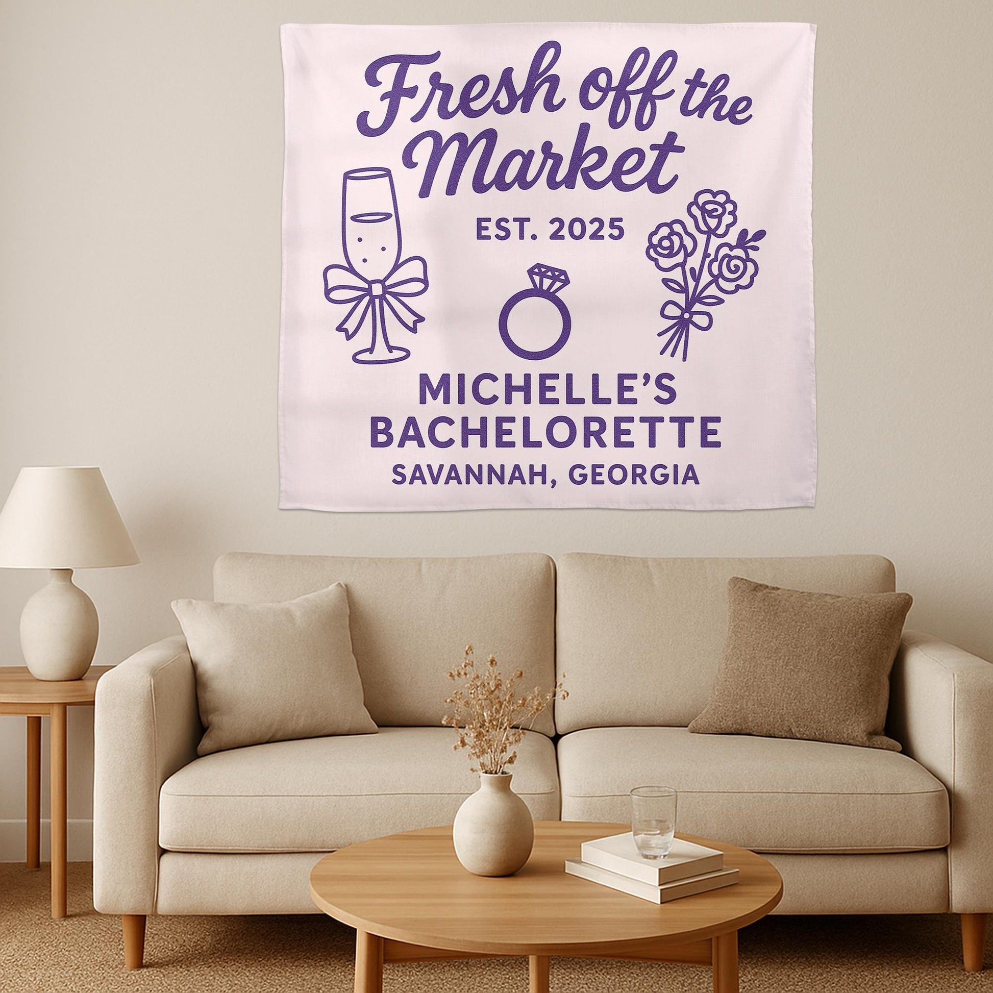 Fresh Off the Market Bachelorette Tapestry, Personalized Bridal Party Banner, Engagement Wall Decor, Custom Hen Party Sign