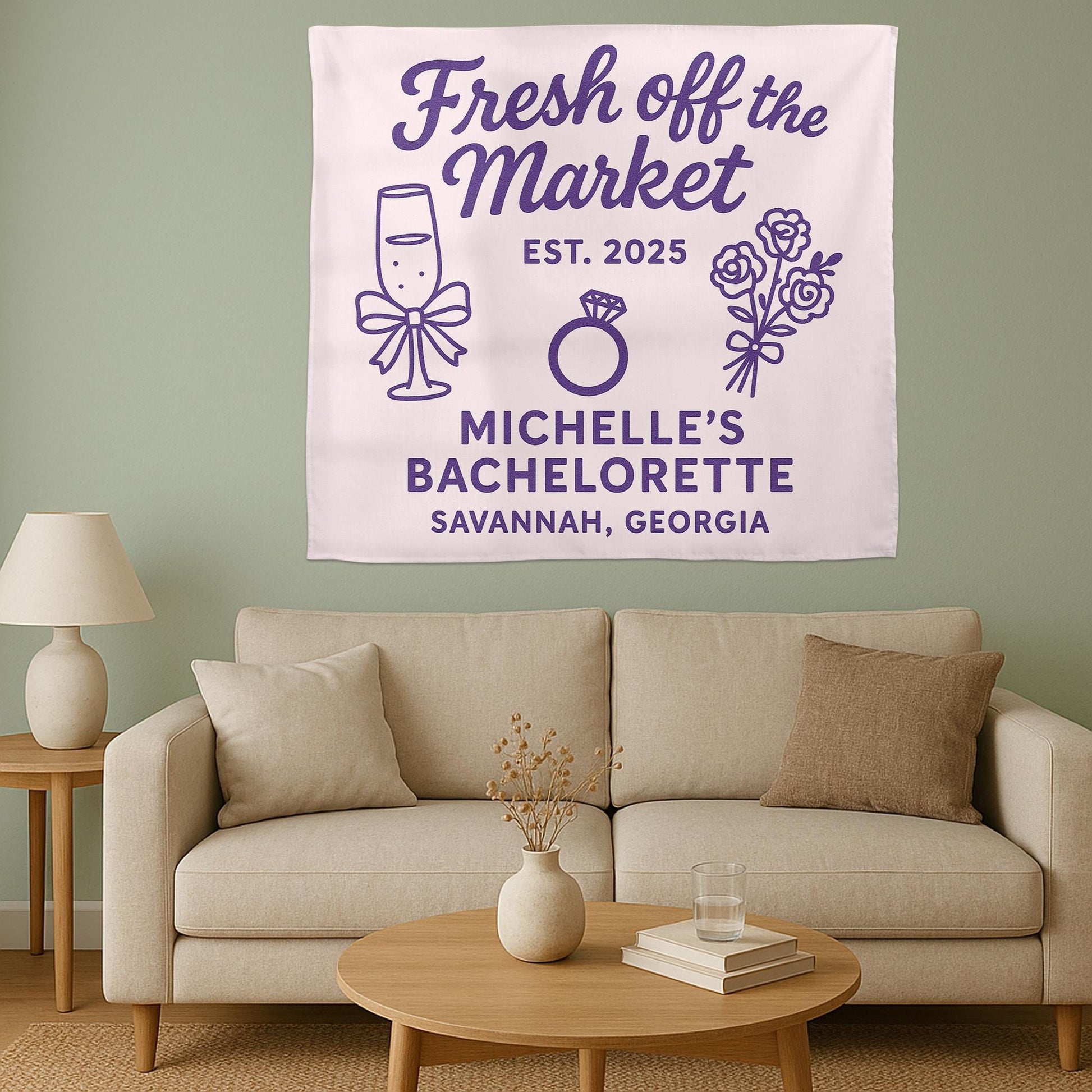 Fresh Off the Market Bachelorette Tapestry, Personalized Bridal Party Banner, Engagement Wall Decor, Custom Hen Party Sign
