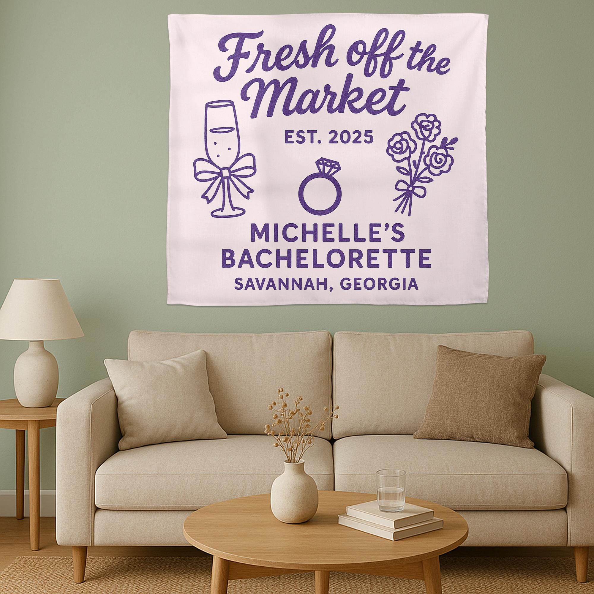 Fresh Off the Market Bachelorette Tapestry, Personalized Bridal Party Banner, Engagement Wall Decor, Custom Hen Party Sign