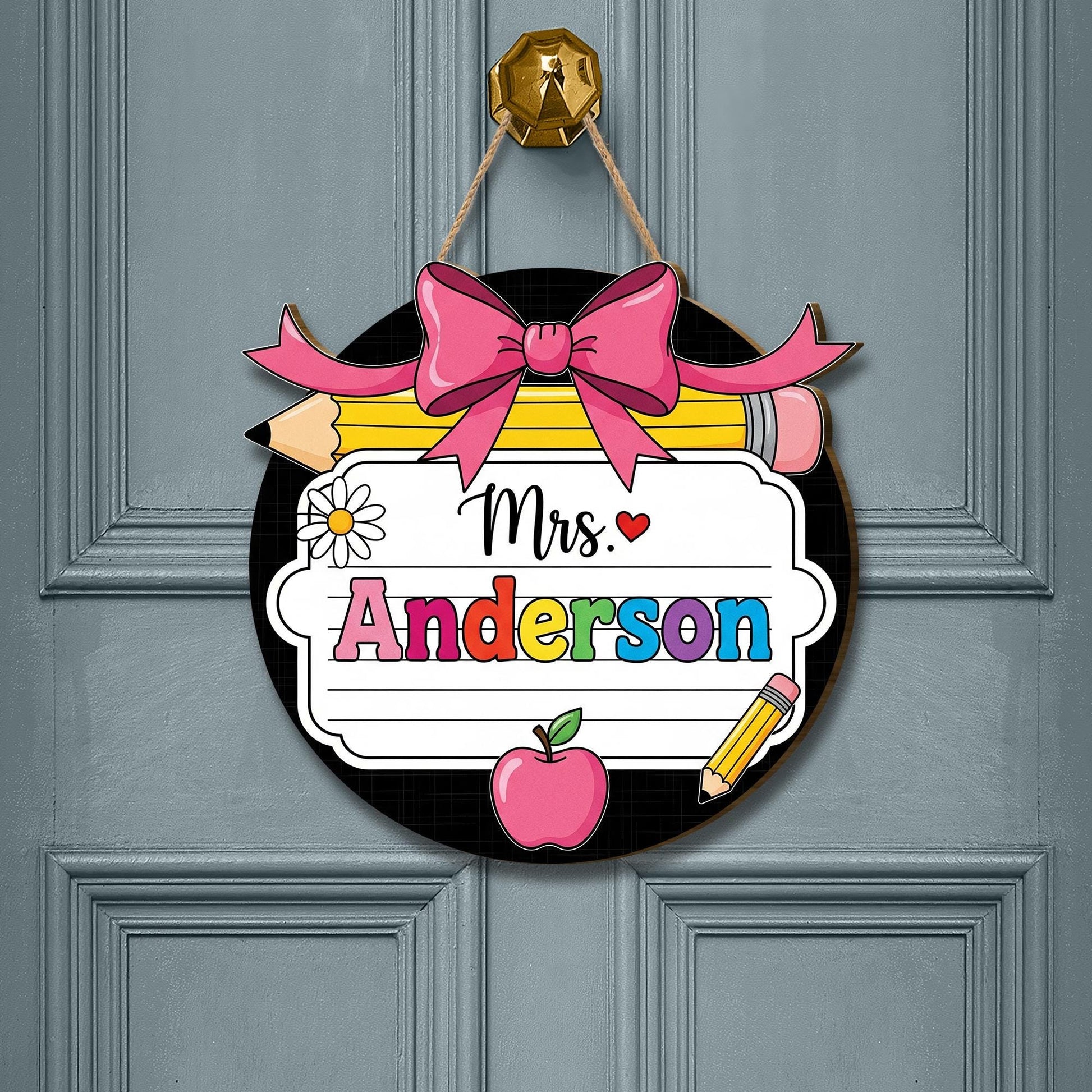 Personalized Teacher Door Sign | Round Classroom Name Sign | Custom Pencil Apple Decor | Cute Back to School Gift | Teacher Name Tag