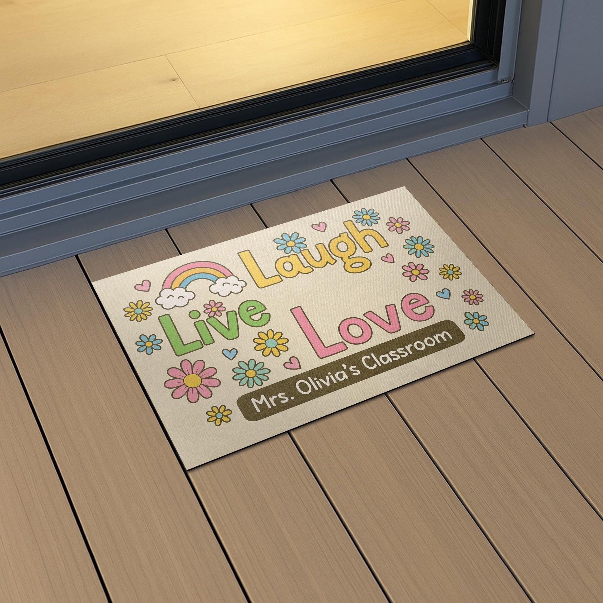 Personalized Classroom Doormat, Live Laugh Love Rug with Flowers, Rainbow Teacher Door Mat, Custom Back to School Decor Gift, Rainbow Mat