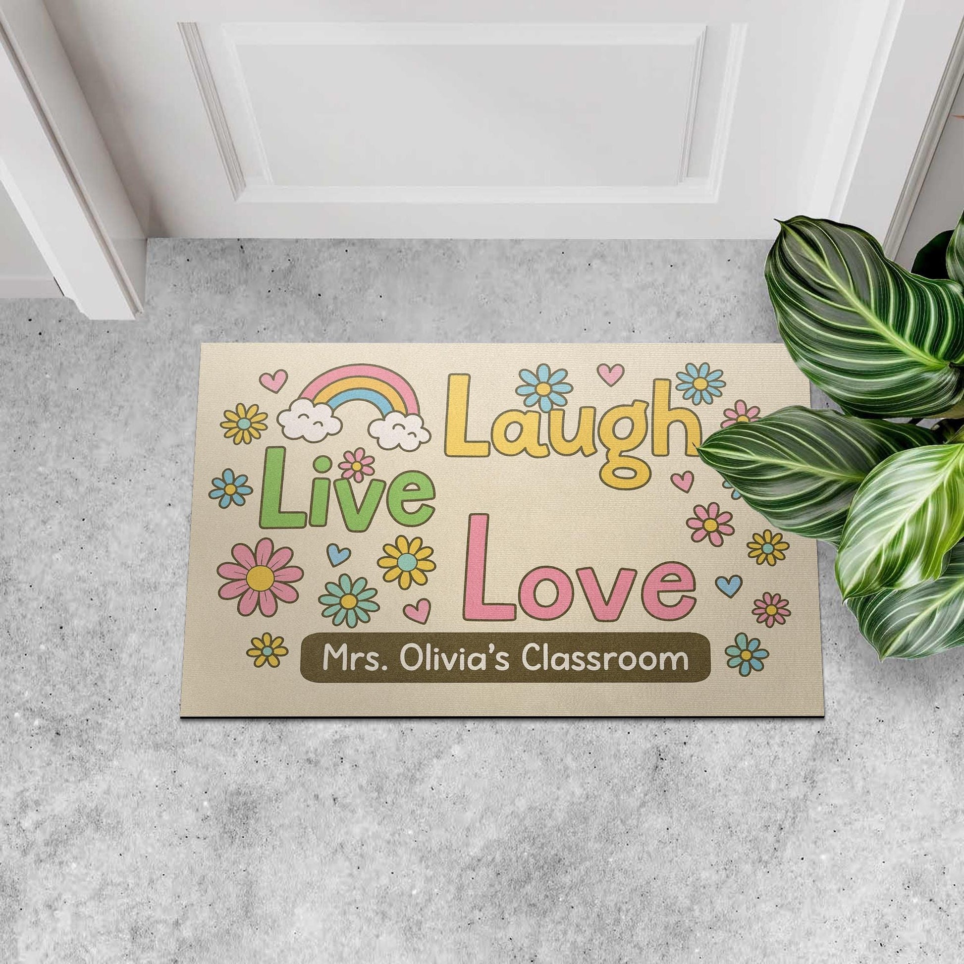 Personalized Classroom Doormat, Live Laugh Love Rug with Flowers, Rainbow Teacher Door Mat, Custom Back to School Decor Gift, Rainbow Mat