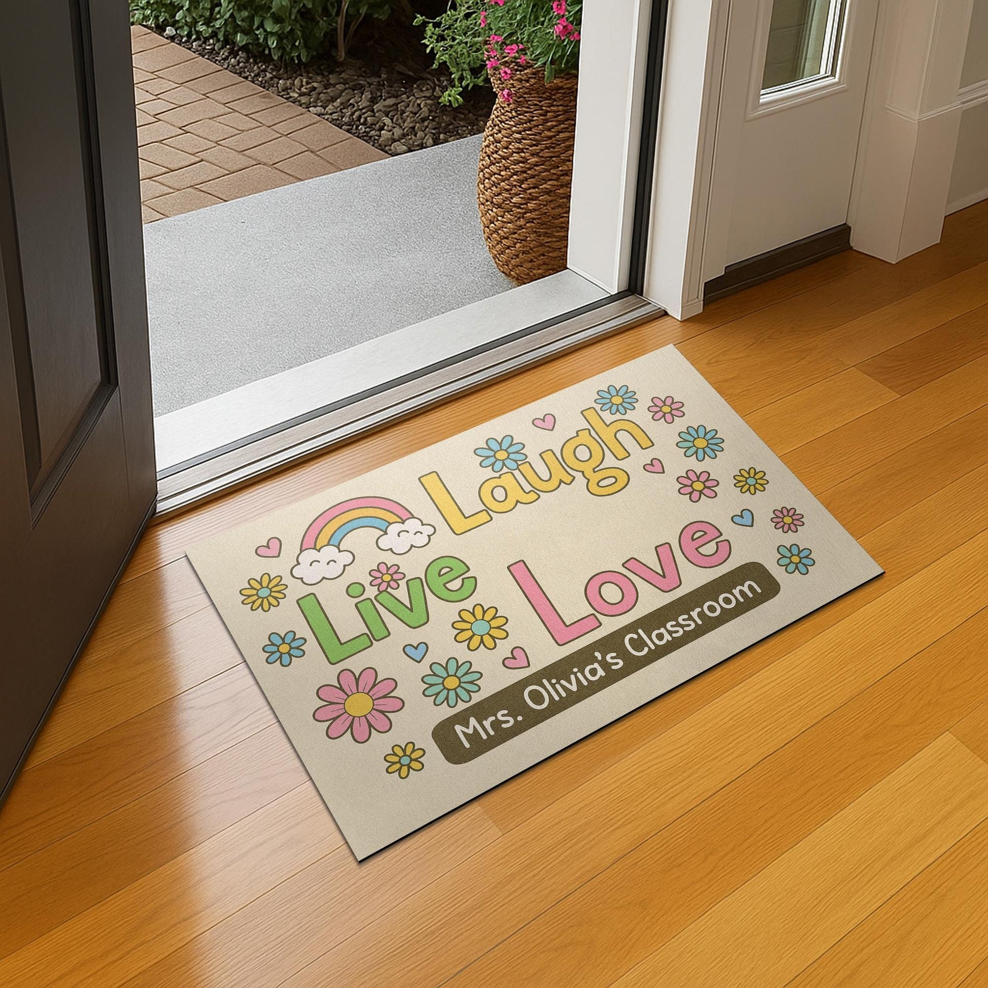Personalized Classroom Doormat, Live Laugh Love Rug with Flowers, Rainbow Teacher Door Mat, Custom Back to School Decor Gift, Rainbow Mat