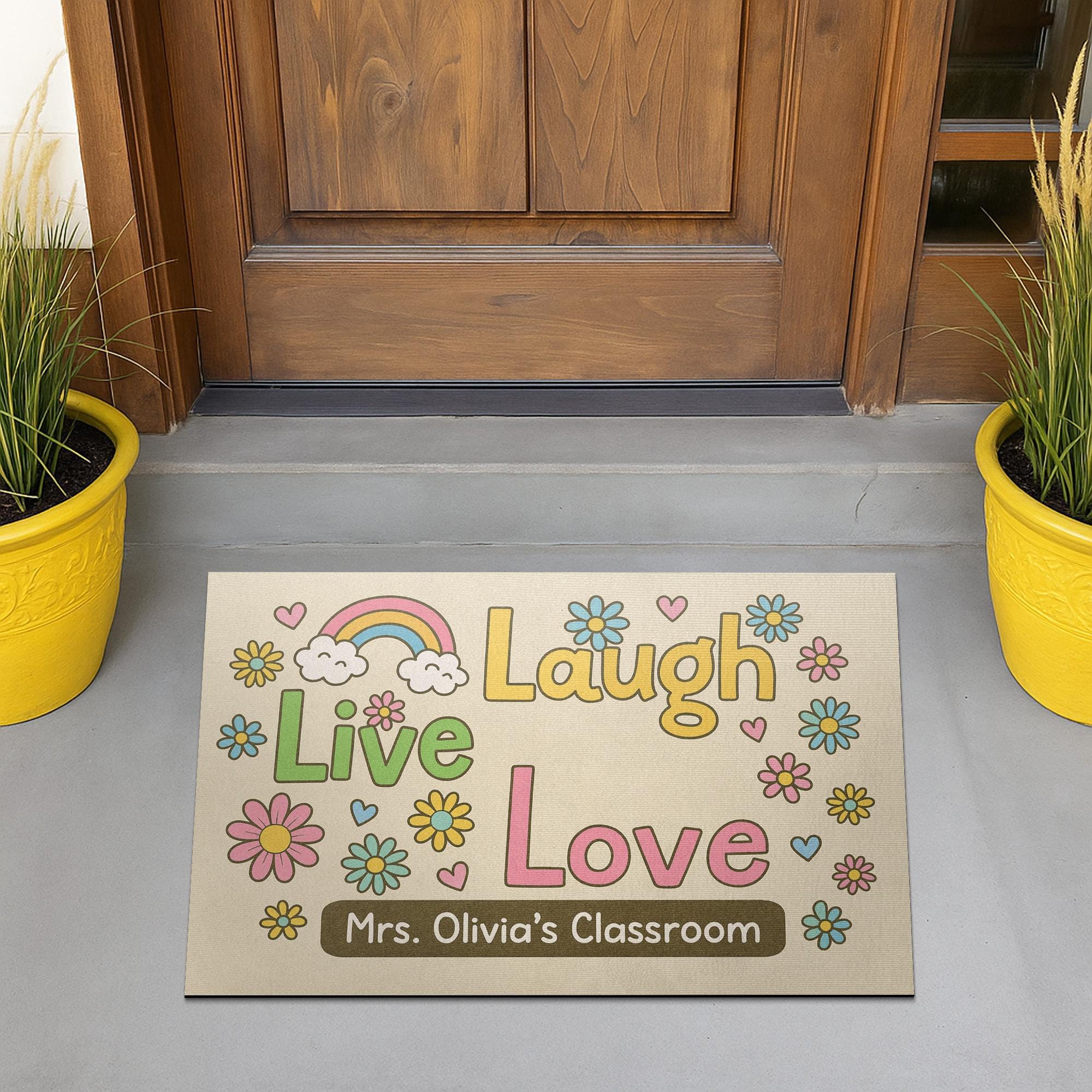 Personalized Classroom Doormat, Live Laugh Love Rug with Flowers, Rainbow Teacher Door Mat, Custom Back to School Decor Gift, Rainbow Mat