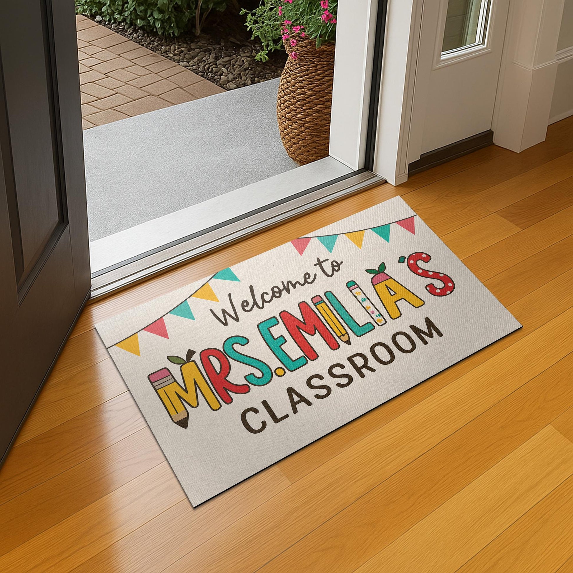 Personalized Teacher Classroom Doormat, Welcome Mat with Name and Banner, Custom School Door Rug, Cute Back to School Decor Gift