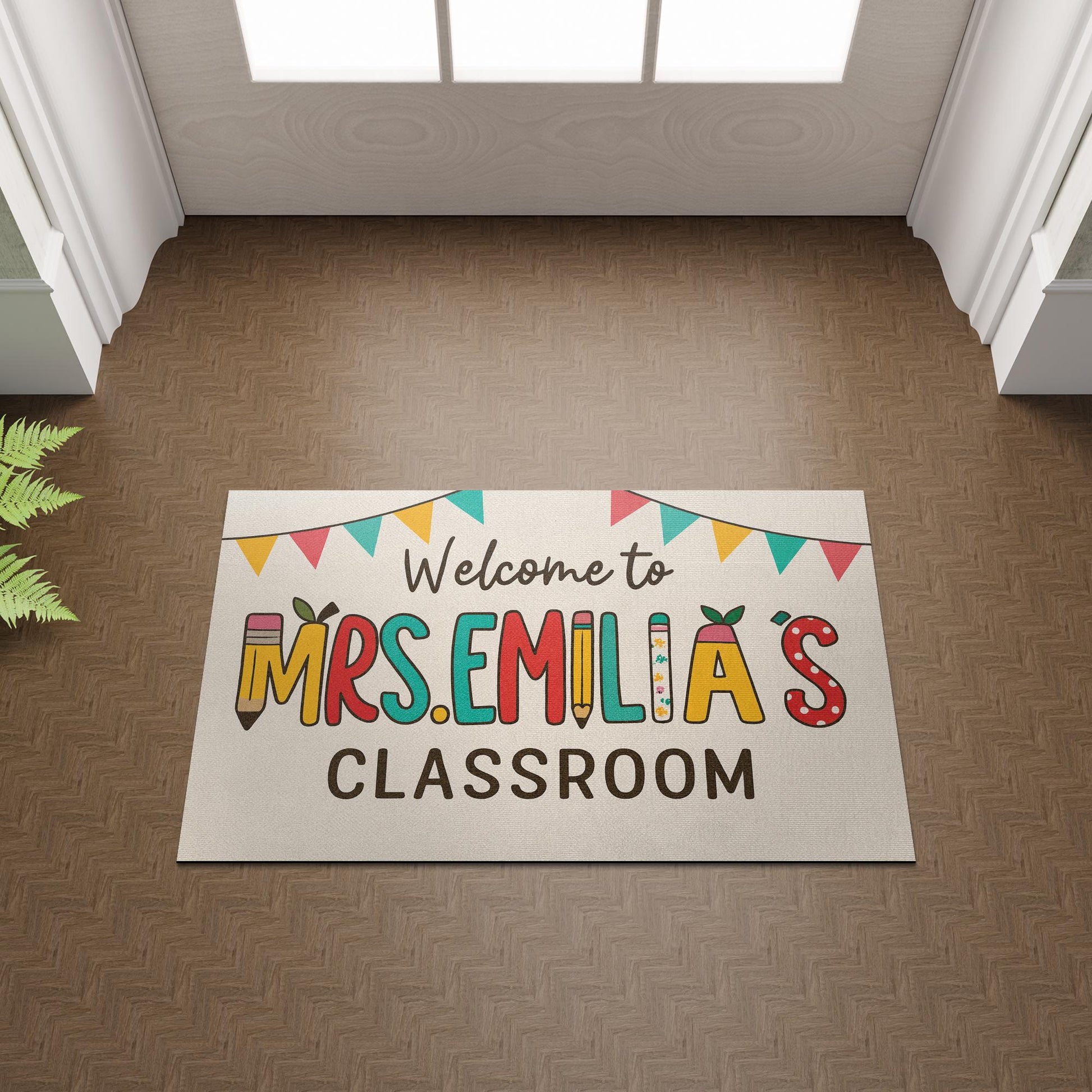 Personalized Teacher Classroom Doormat, Welcome Mat with Name and Banner, Custom School Door Rug, Cute Back to School Decor Gift
