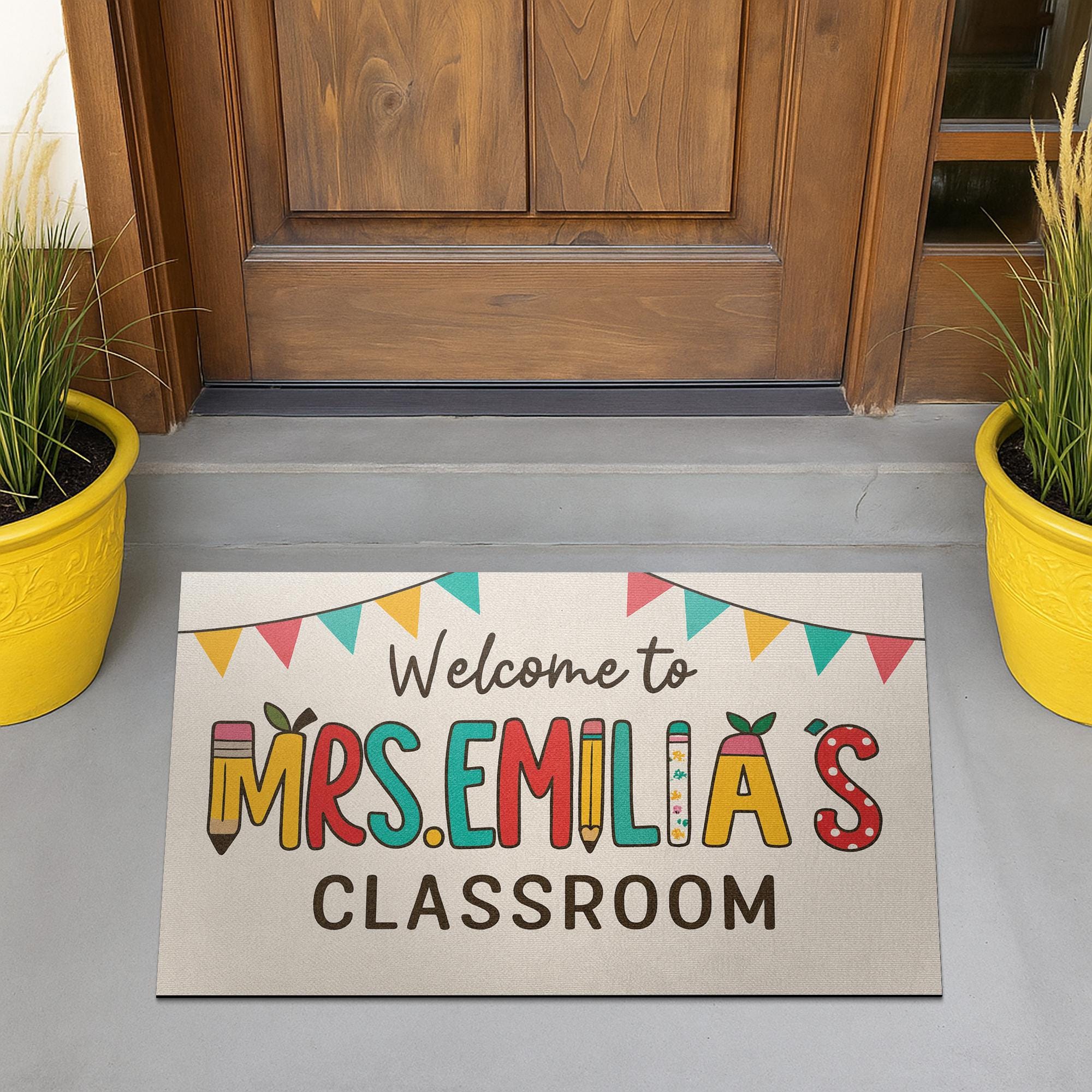 Personalized Teacher Classroom Doormat, Welcome Mat with Name and Banner, Custom School Door Rug, Cute Back to School Decor Gift