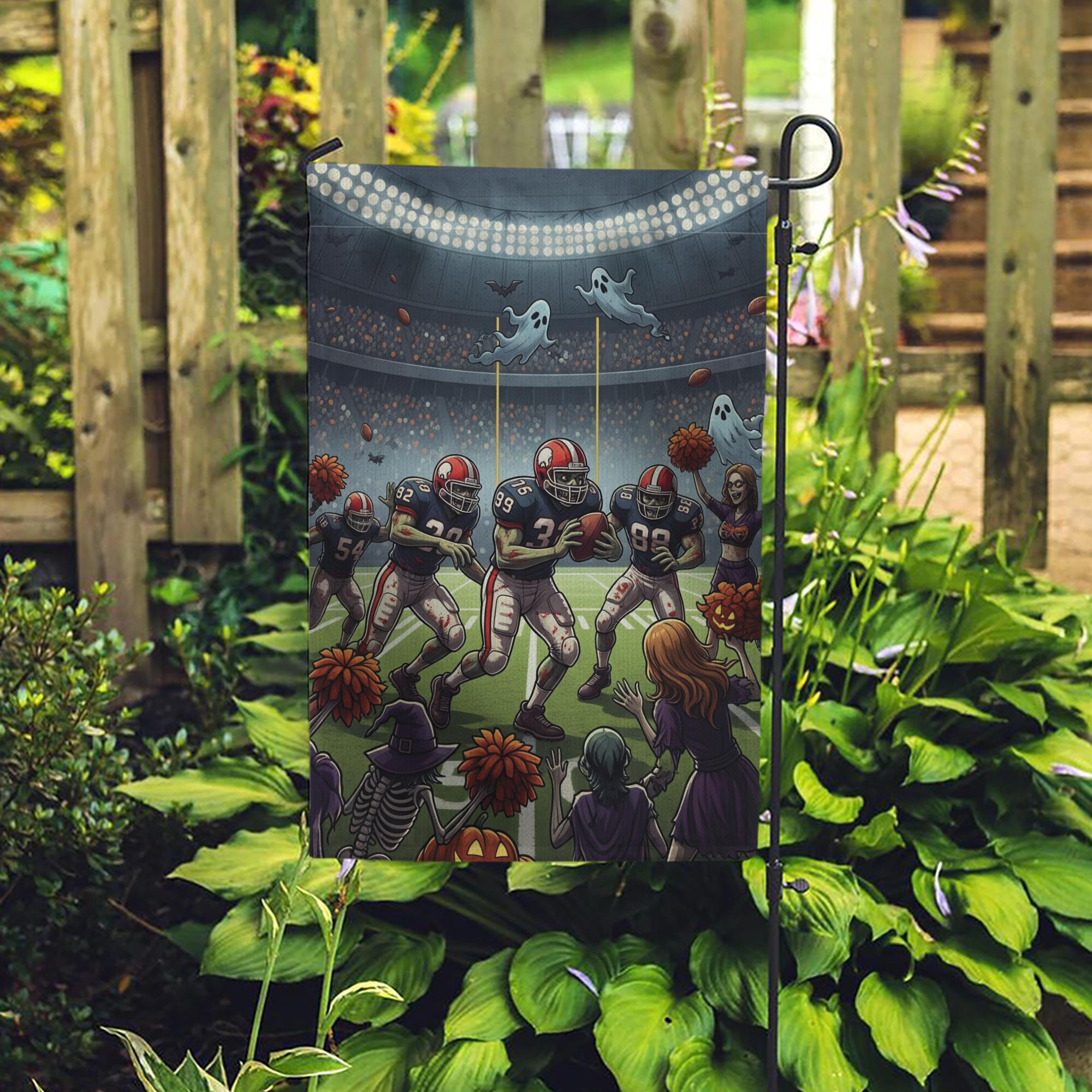 Funny Halloween Football Garden Flag – Spooky Sports Stadium Decor, Skeleton Cheerleaders, Ghosts & Pumpkin Fall Yard Banner