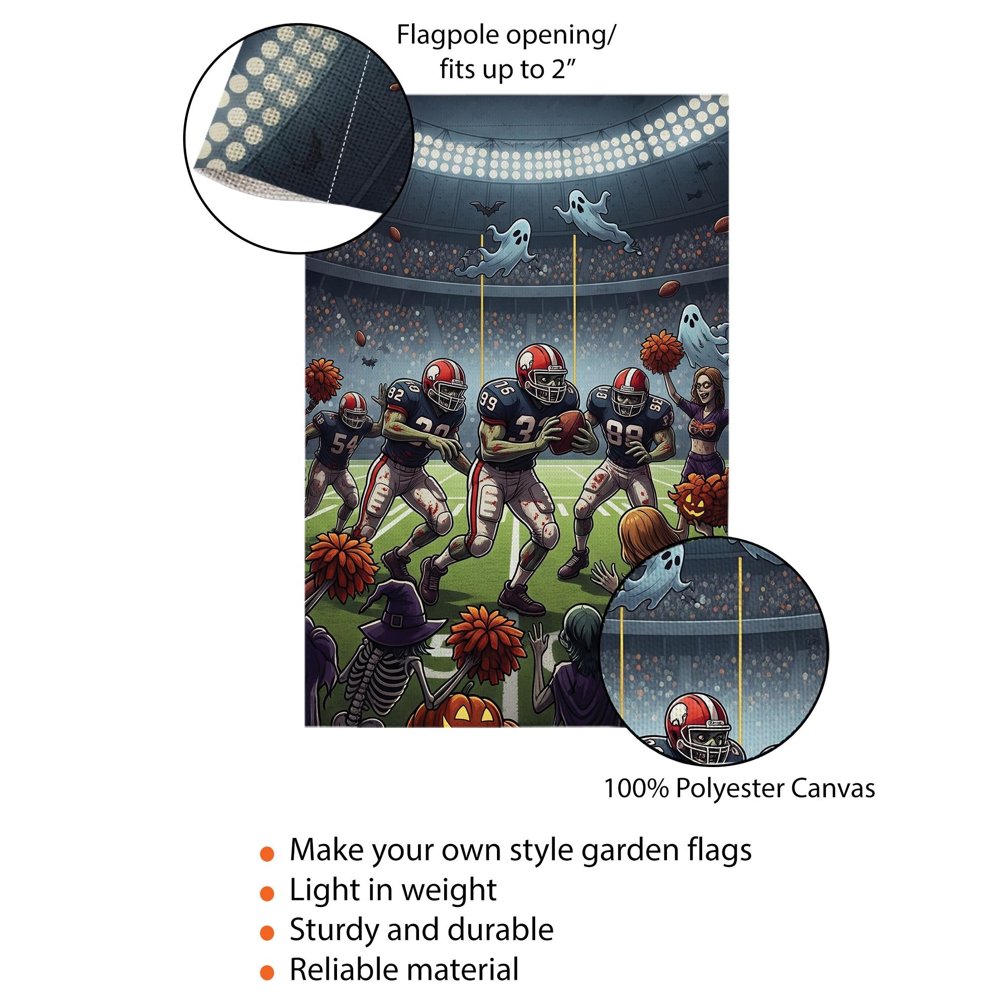 Funny Halloween Football Garden Flag – Spooky Sports Stadium Decor, Skeleton Cheerleaders, Ghosts & Pumpkin Fall Yard Banner