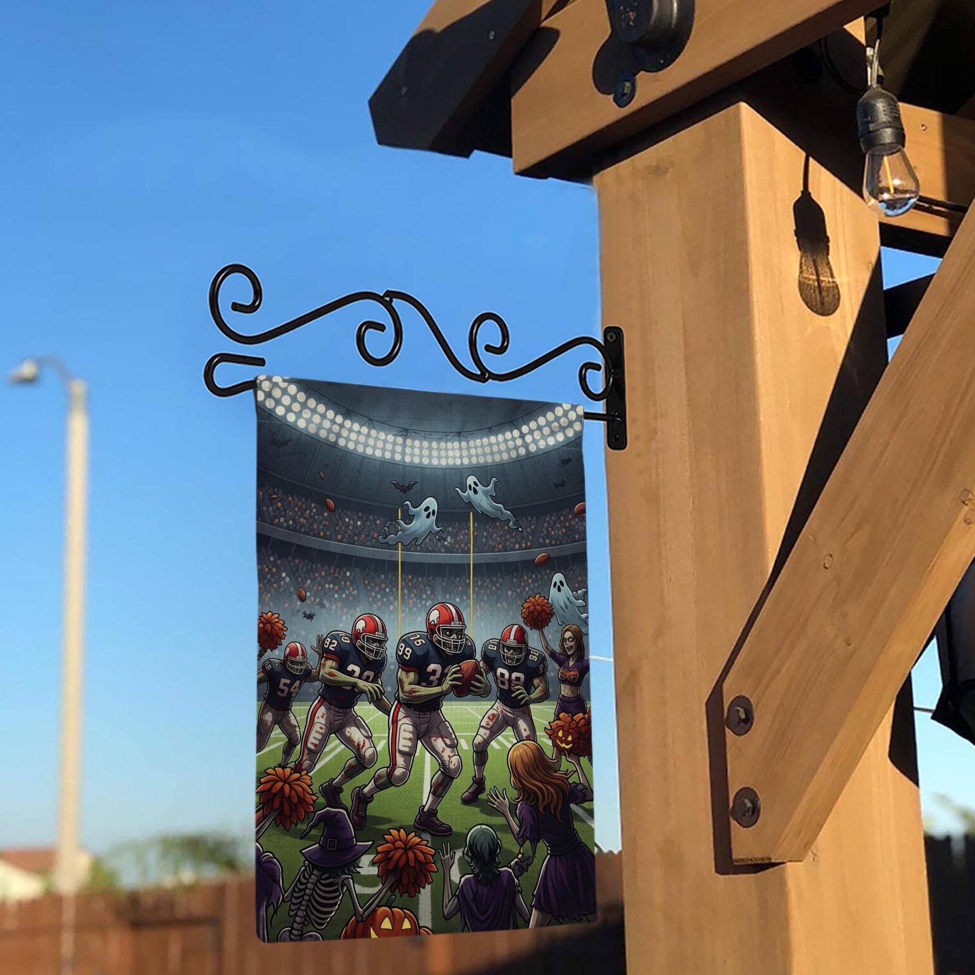 Funny Halloween Football Garden Flag – Spooky Sports Stadium Decor, Skeleton Cheerleaders, Ghosts & Pumpkin Fall Yard Banner