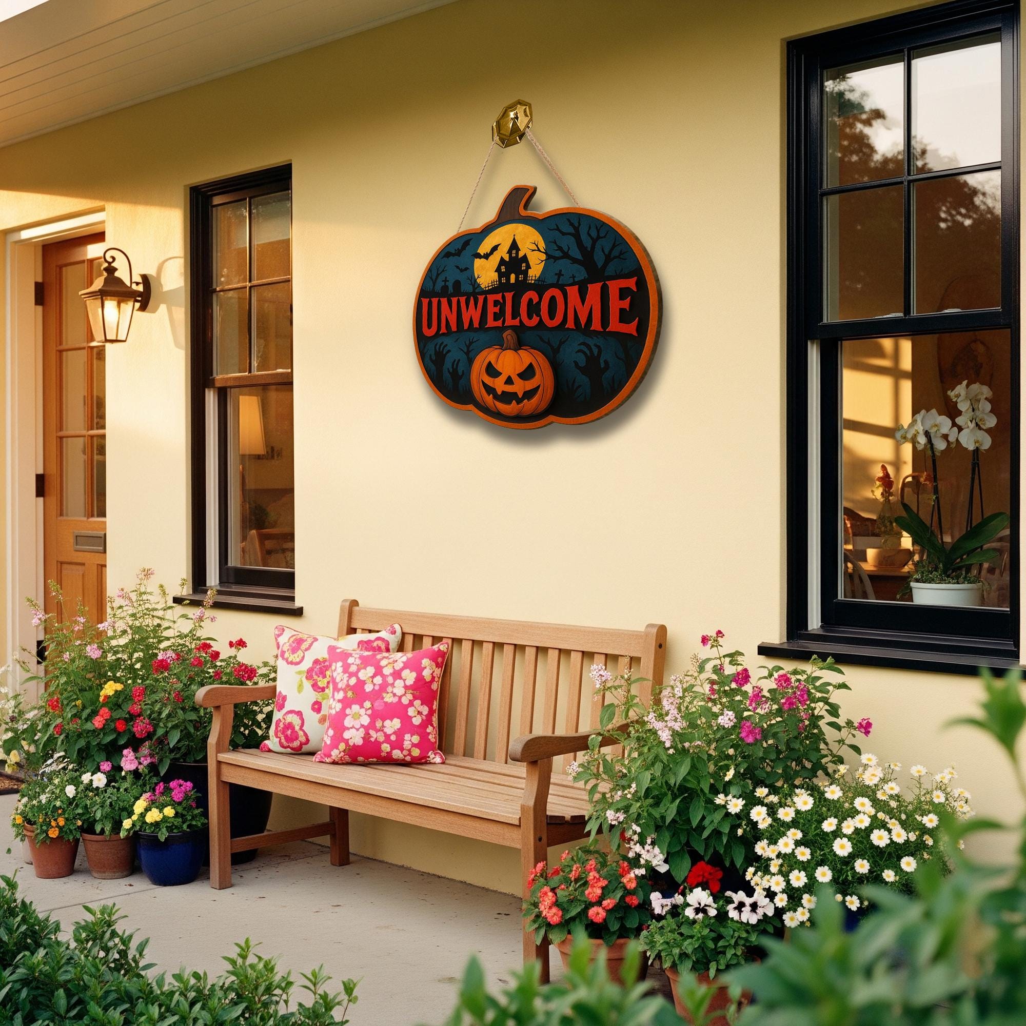 Unwelcome Halloween Door Sign, Scary Wooden Pumpkin Wall Decor, Haunted House Porch Sign, Spooky Fall Front Door Accent