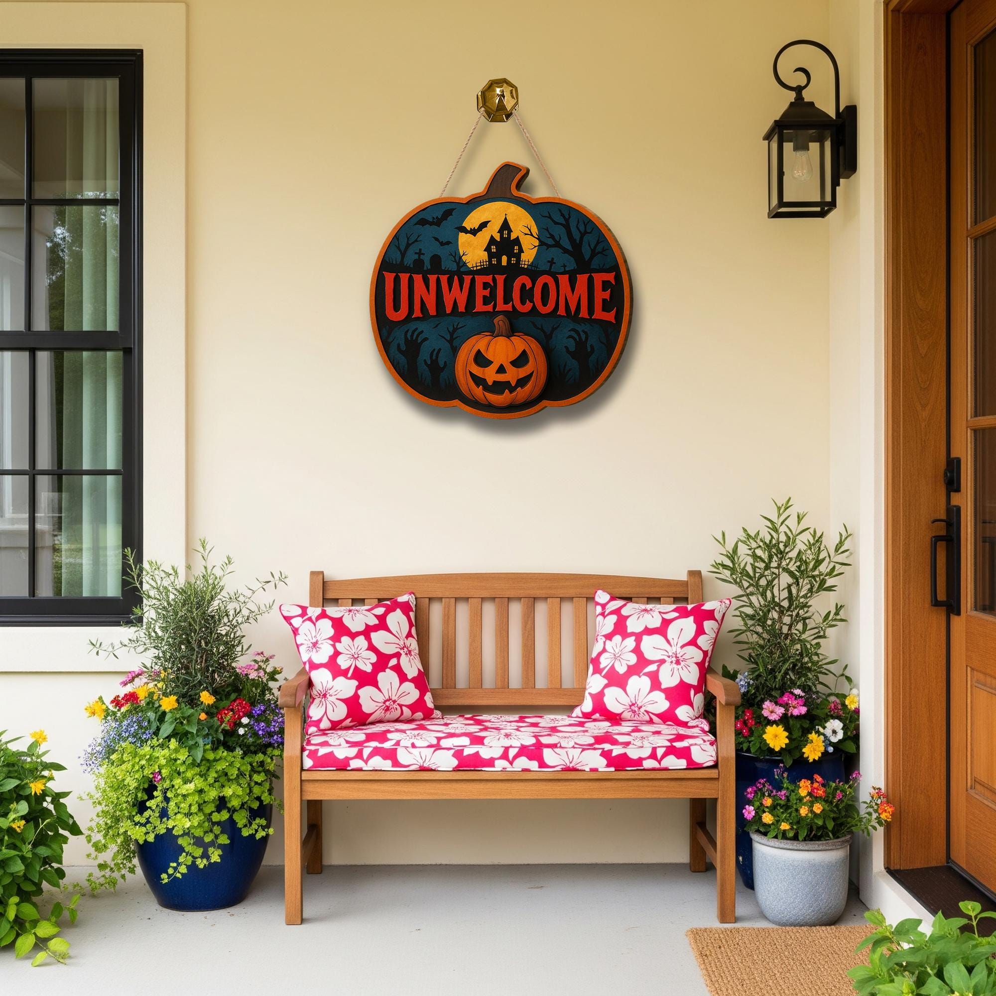 Unwelcome Halloween Door Sign, Scary Wooden Pumpkin Wall Decor, Haunted House Porch Sign, Spooky Fall Front Door Accent