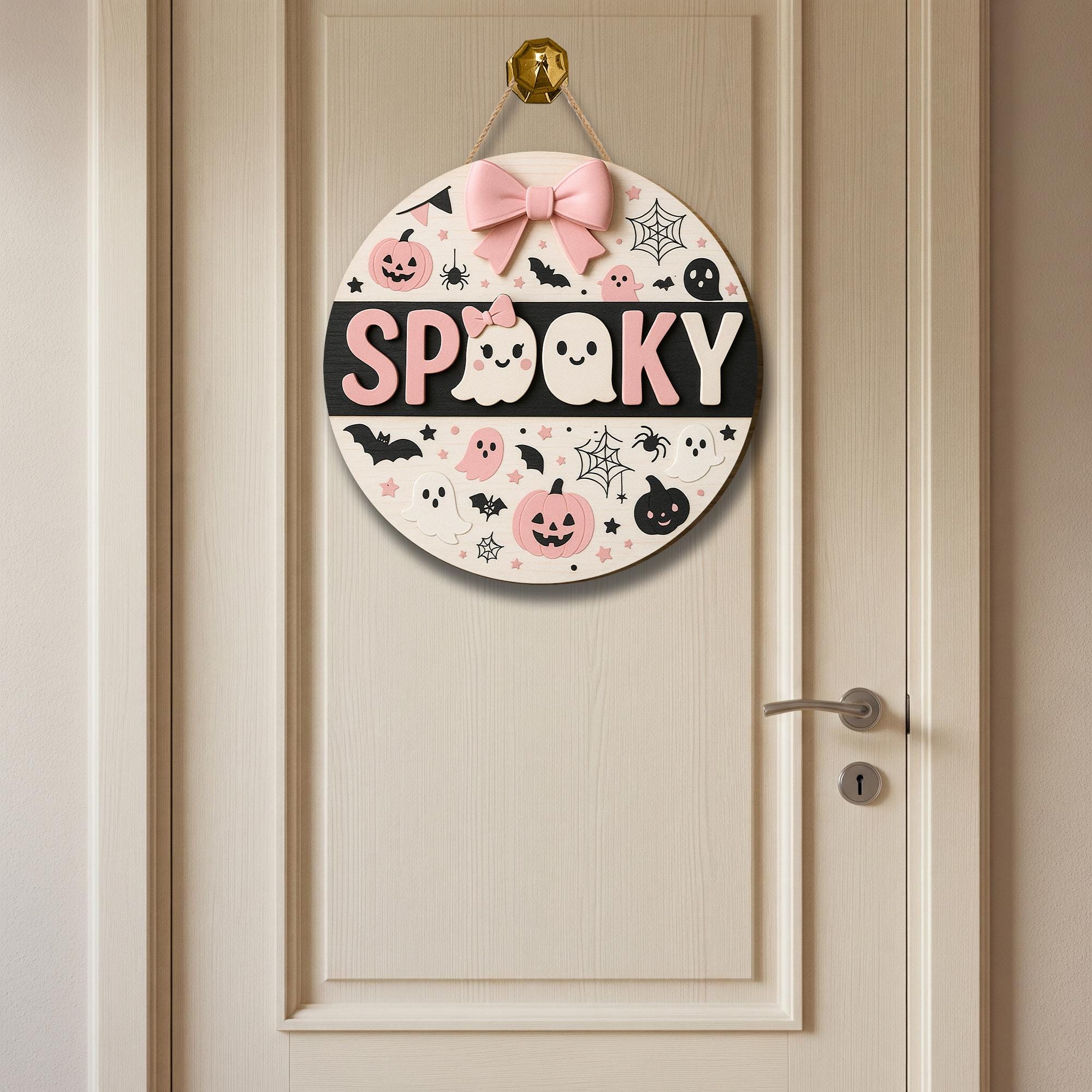 Cute Spooky Halloween Wooden Sign, Pink Ghost 3D Door Hanger, Pastel Goth Fall Decor, Kawaii Pumpkin Wall Hanging